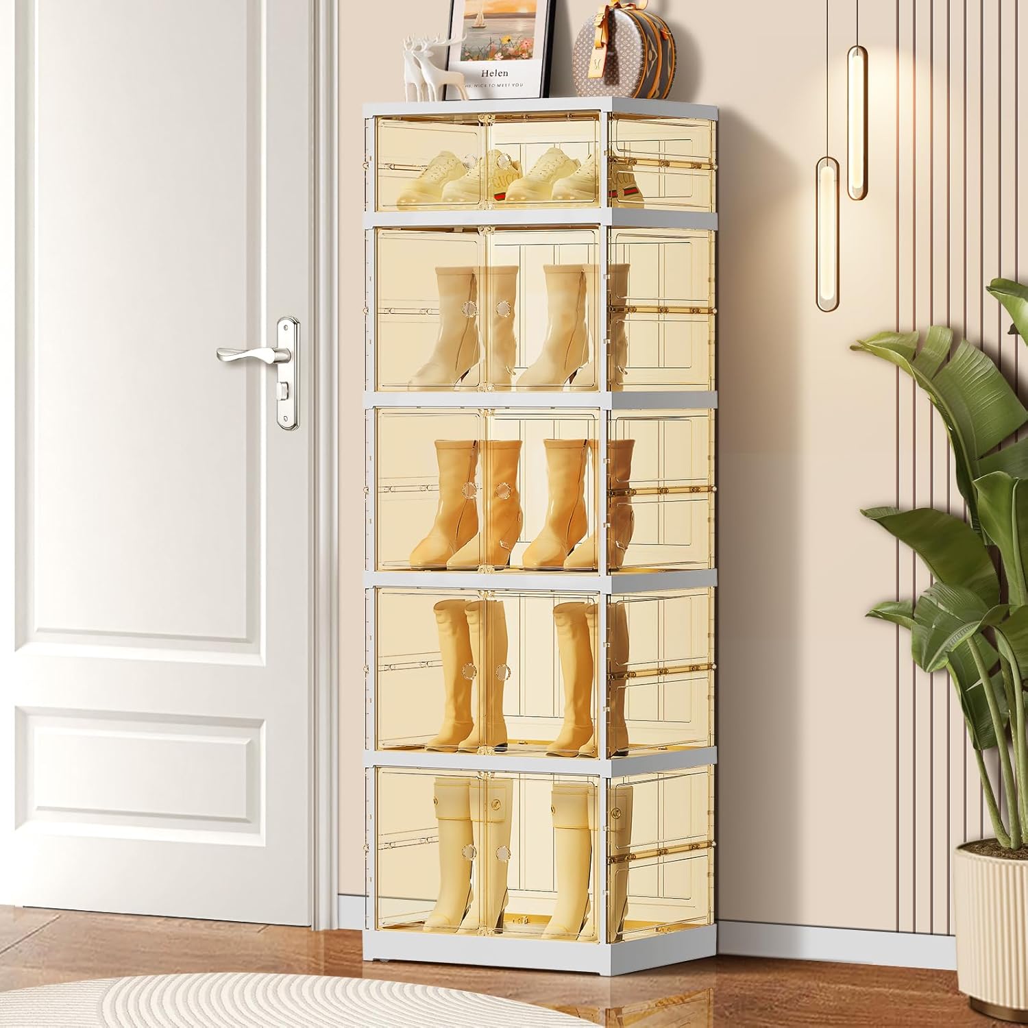 6-Tier Foldable Shoe Rack for Closet Entryway 12-24Pairs,Stackable Clear Shoe Storage Boxes Organizer with Door Plastic Shoe Cabinet Bins with Lids Shoes Shelf Easy Assembly Large