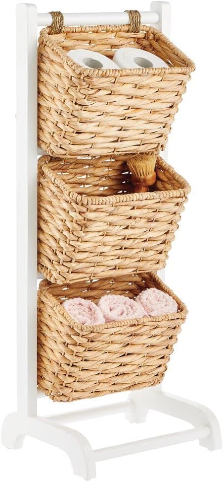 mDesign Water Hyacinth 3-Tiered Storage Baskets Floor Stand with Market Basket Storage Bins - Vertical Standing Rack for Living Room, Laundry, Bedroom, Bathroom, Office Organization - White/Natural