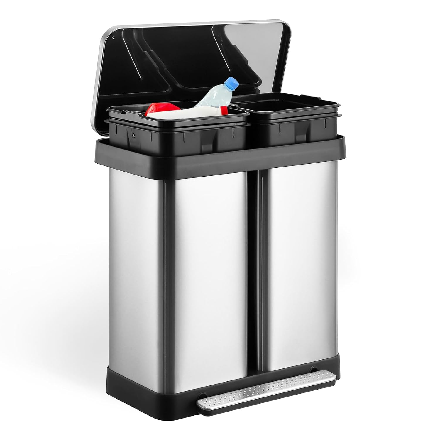 Fashionwu Dual Trash Can, Stainless Steel 2 x 8 Gal (2 x 30L) Garbage Can, Steel Pedal Recycle Bin with Lid and Inner Buckets, Rectangular Hands-Free Kitchen Trash Can