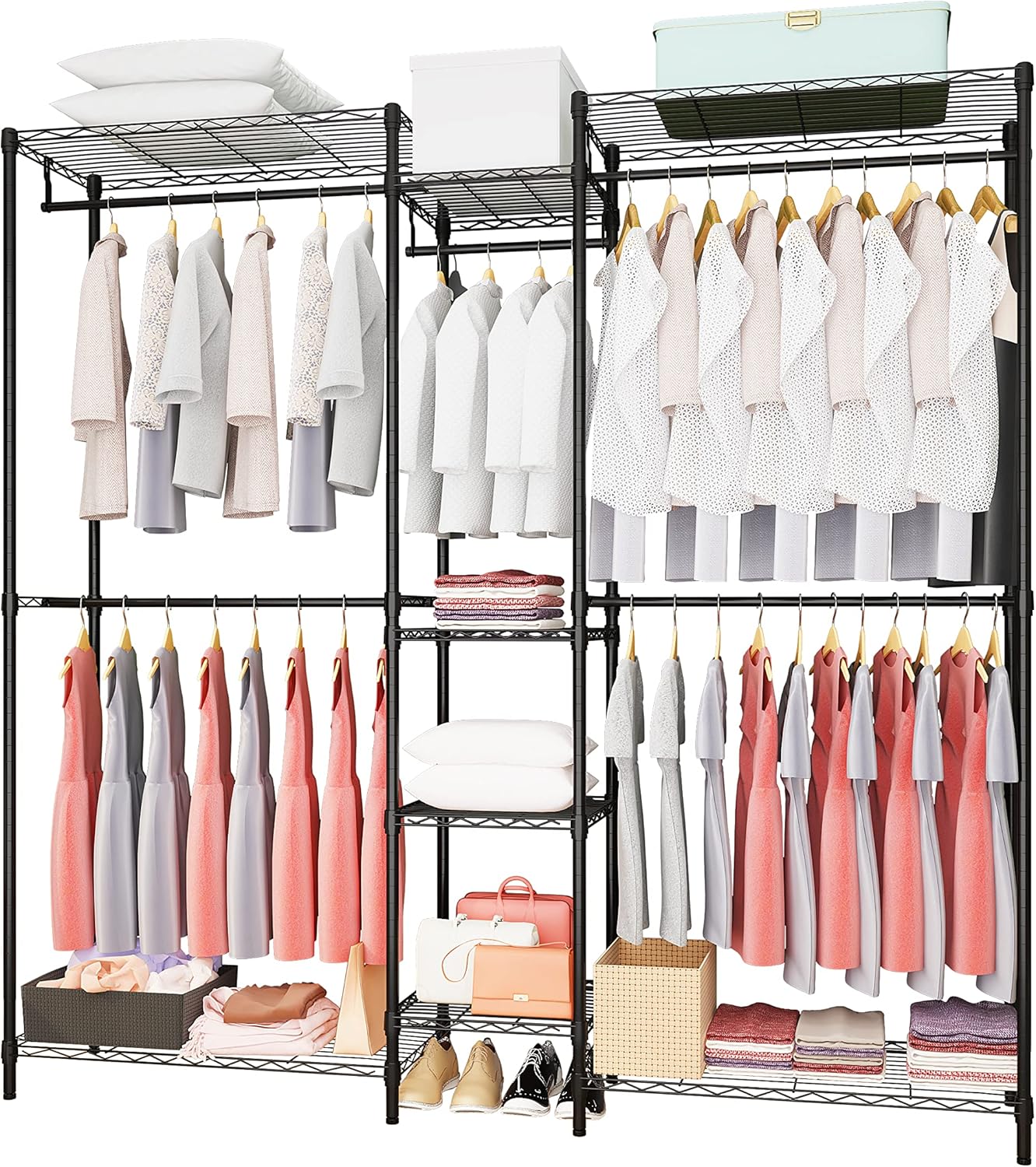 Heavy Duty Clothes Rack for Hanging Clothes, Metal Garment Rack，Large Capacity Portable Clothing Rack，Freestanding Open Wardrobe Organizer Rack, 67.0