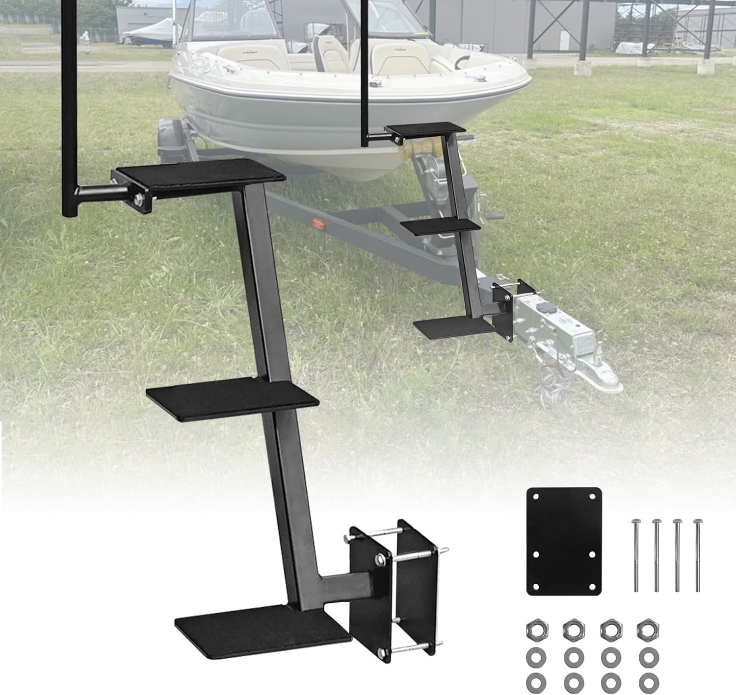 Heavy Duty Boat Trailer Steps with Secure Handrail, 440lbs Capacity Boat Trailer Ladder with Anti-Slip Surface Fit for 3 * 3