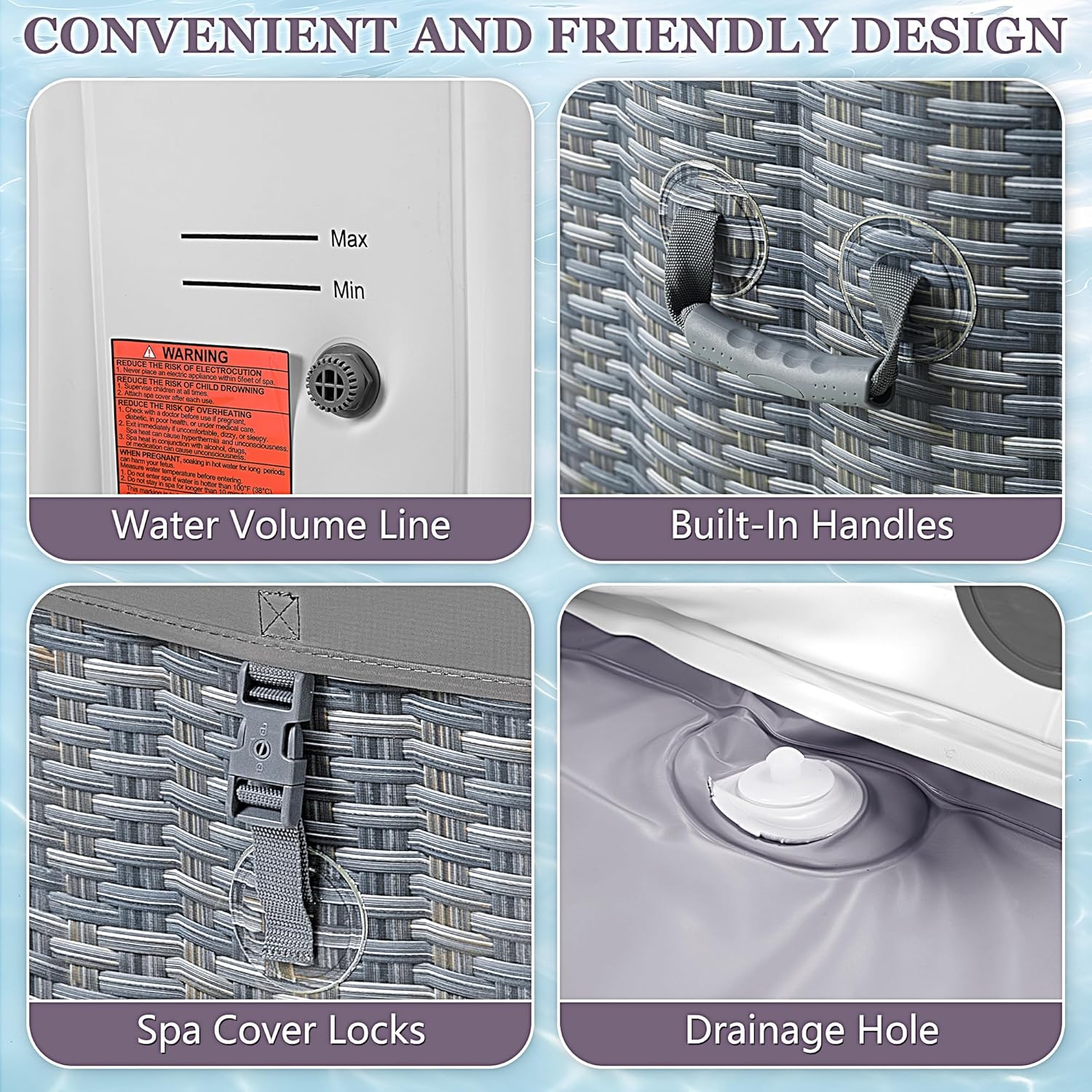 Seizeen 4-6 Person Inflatable Hot Tub, Portable Outdoor Spa Square Hot Tub with 130 Soothing Bubble Jets, Insulated Cover and 6 Filters, Max 104℉ Blow Up Hot Tubs for Home Backyard (Wood Grain)