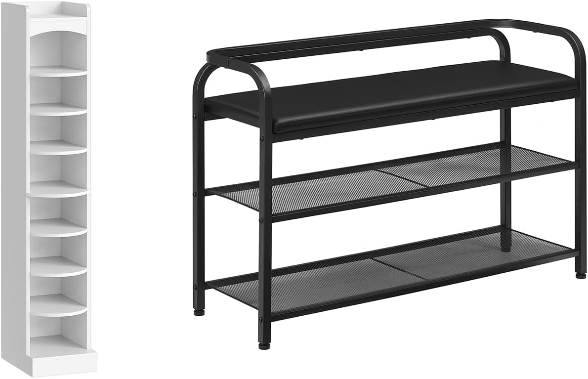 9-Tier Tall Shoe Rack, Wooden Shoe Storage Organizer, Shoe Bench with Backrest, Entryway Bench, SS02WT-HX14BB
