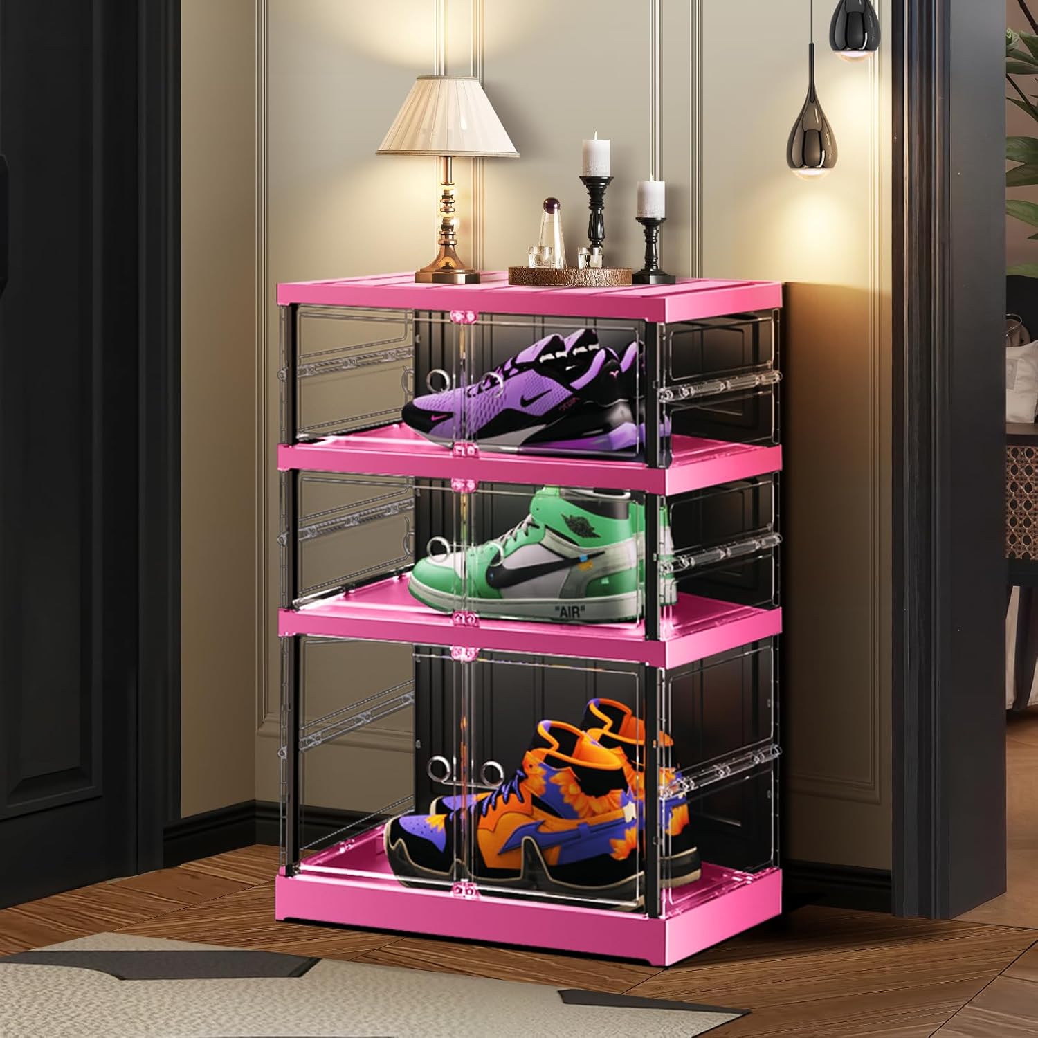 6-Tier Foldable Shoe Rack for Closet Entryway 12-24Pairs, Stackable Clear Shoe Storage Boxes Organizer With Door Plastic Shoe Cabinet Bins with Lids Shoes Shelf Easy Assembly Large（White-pink）
