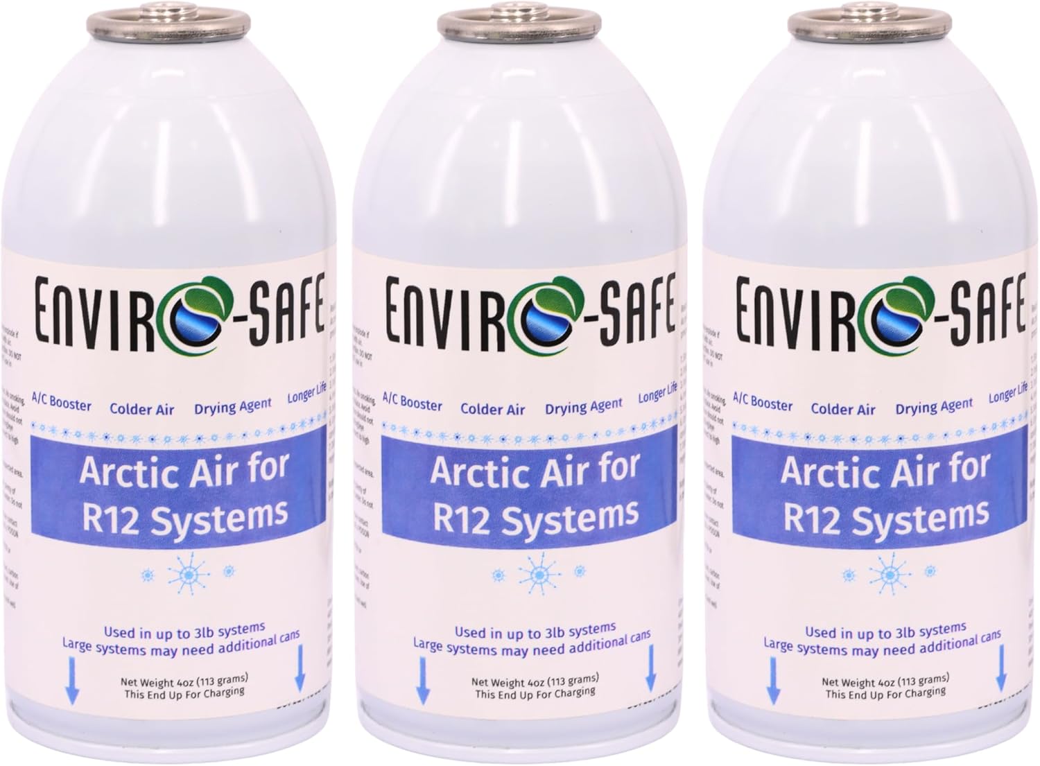 ENVIRO-SAFE Arctic Air for 12 Systems, Piercing Style Top, A/C Support + Moisture Remover, 3 Cans (Include Charging Hose)