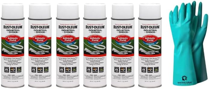 Rust-Oleum Athletic Field Marking Paint, White, 17 Oz Aerosol Spray Cans, 6-Pack Bundle with Protective Gloves, for Sports Fields, Parking Lots