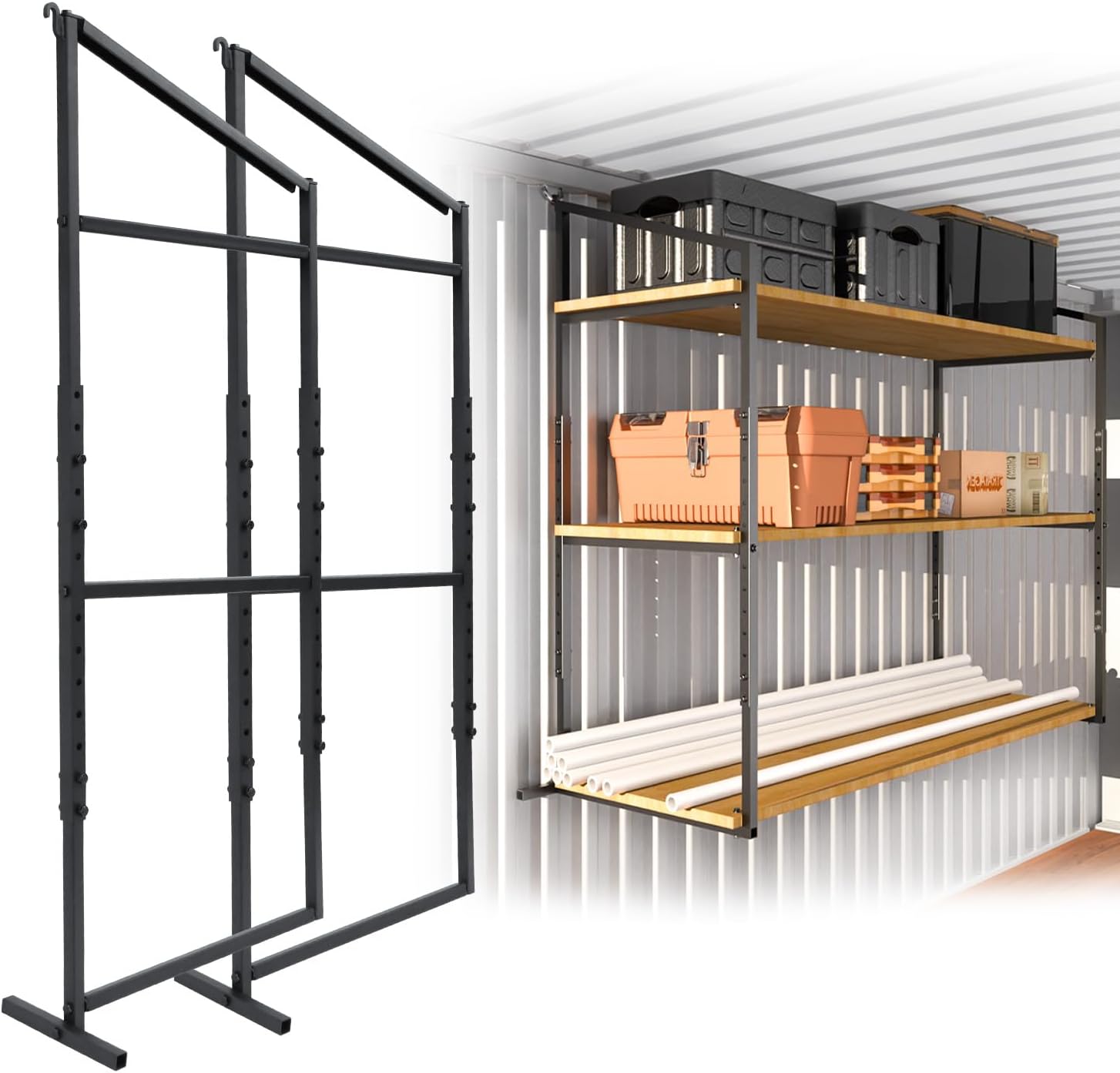 Shipping Container Shelving Rack Steel Container Hanging Shelf Bracket Height Adjustable Fit for 12in 24in Lumber Black Efficient Storage Space No-Drill Installation
