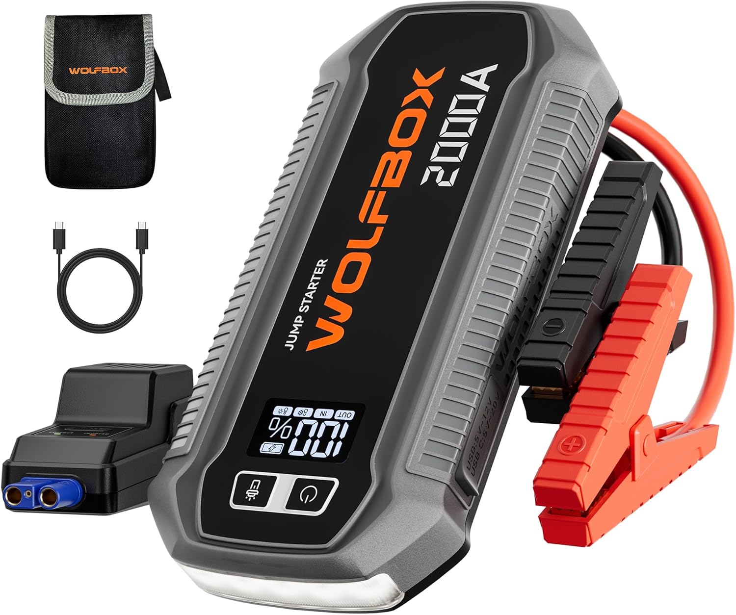 WOLFBOX 3000A Jump Starter,12V Car Battery Jump Starter,65W Quick Charge(Adapter Not Included) 16000mAh Portable Jump Starter Battery Pack for 8L Gas 6L Diesel Engine with Booster,LED Light,Jump Box