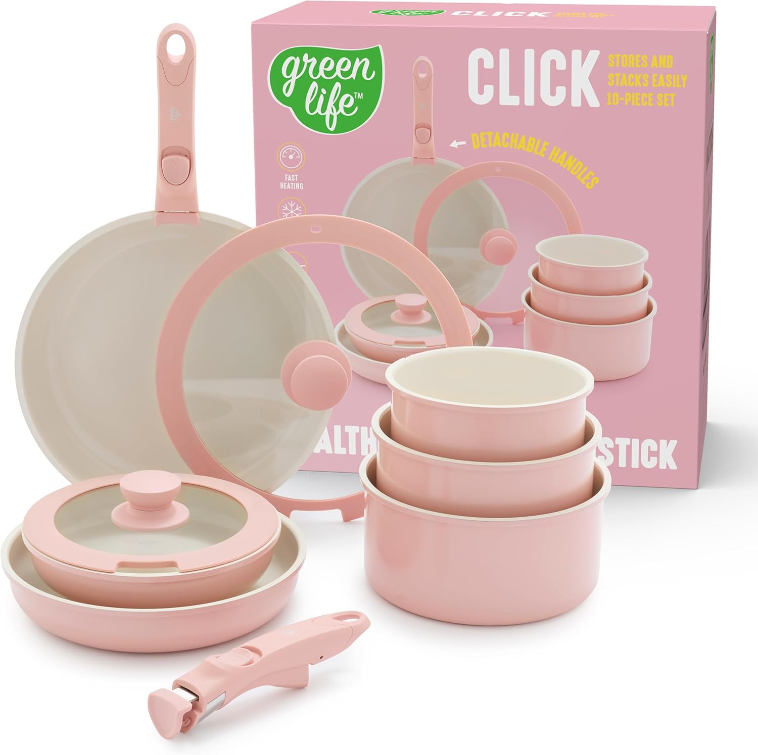 GreenLife 10 Piece Nonstick Pots & Pans Set, Detachable Handle & Stackable Cookware Set, Non Toxic PFAS-Free Skillets, Induction Kitchen Pans, Space Saving, Serving Bowls, Oven Safe, Sage Green