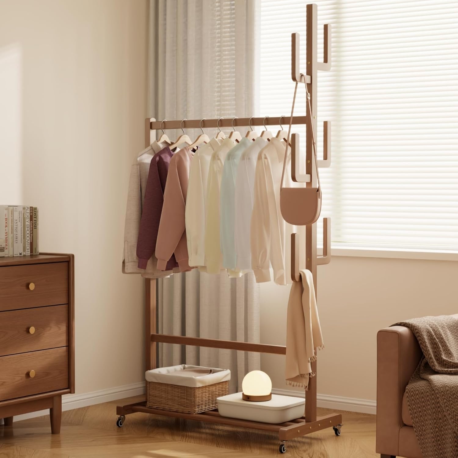 Solid Wood Clothing Rack with Wheels and Cactus Hooks, 350 lbs Heavy Duty Garment Rack with Shelf, Easy Assembly, Rolling Rack for Clothes, Coats, Skirts, Shoes, Bags, Walnut