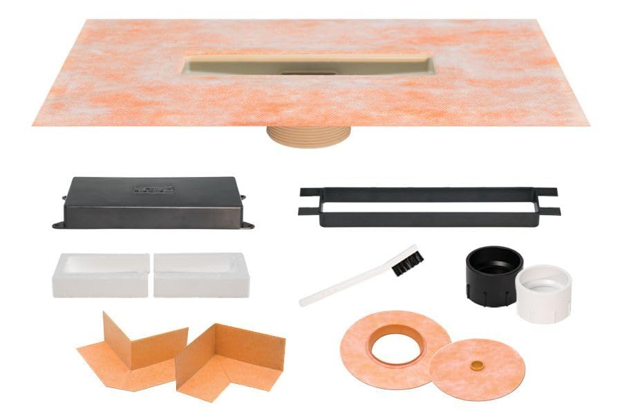 Schluter Kerdi-Line-Vario Flange Kit with Integrated Kerdi Collar - Adjustable Linear Shower Drain for Tiled Showers - Wall-Adjacent or Center Placement, 2-Inch NPT Outlets, PVC and ABS - KLVR2FLK