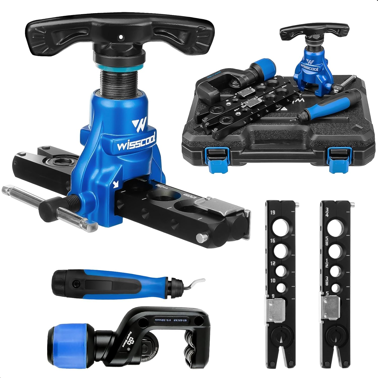 Flaring Tool Kit 1/4”-3/4” and 6-19mm, Single 45° 6 Dies Eccentric Tubing Flare Tool with Clutch Deburring Tool Cutter for Copper Pipe Tube(5 in 1 Set)