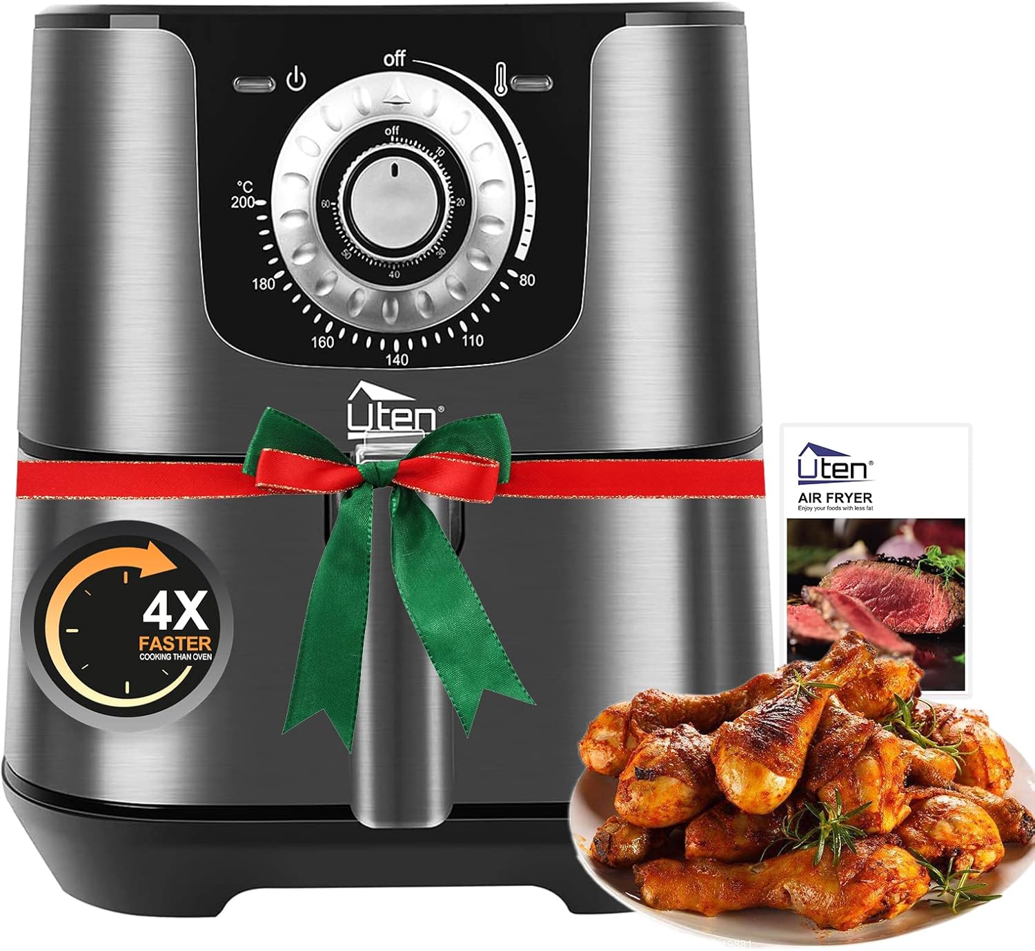 Uten 5.8 Quart Air Fryer, 1700W Hot Oven Oilless Cooker,Non-Stick Fry Basket, Manual Air Fryer with Timer Knob and Temperature Knob, Black