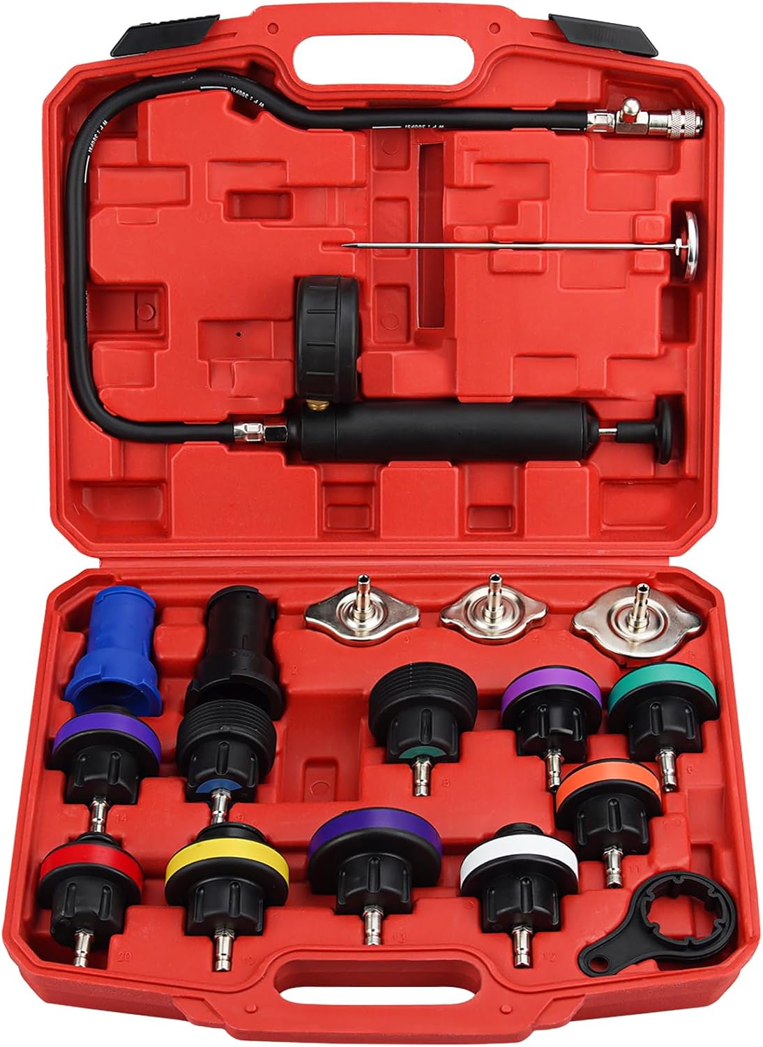 Handor 18pcs Radiator Pressure Tester Kit Water Tank Adapter Auto Coolant Vacuum Purge Head Gasket Cooling System Car Leak Tester Detector Tool