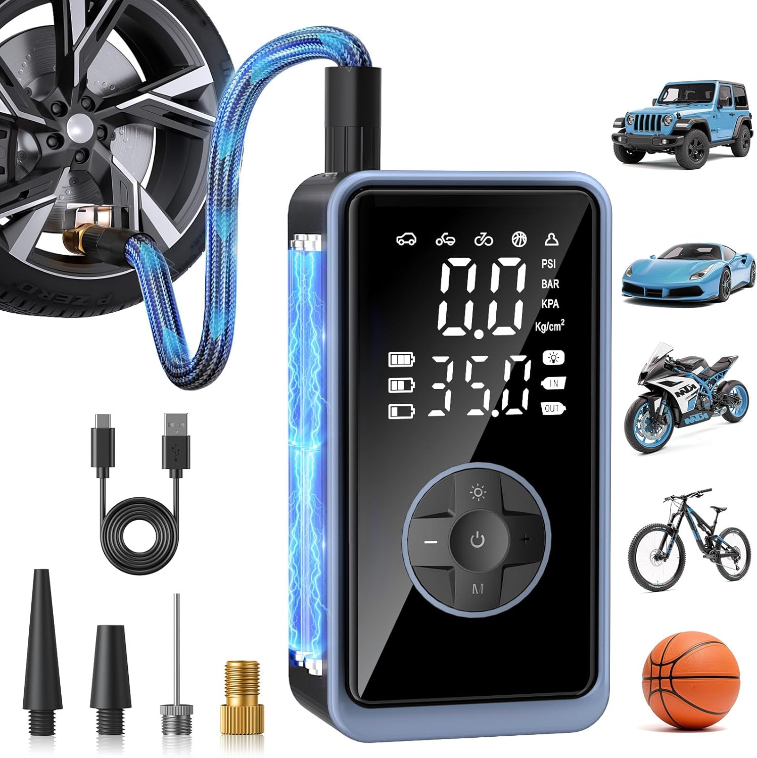 Tire Inflator Portable Air Compressor, 150PSI Air Pump for Car Tires, Cordless Electric Car Pump with Pressure Gauge and LED Light, Portable Tire Pump for Car/Bike/Motorcycle
