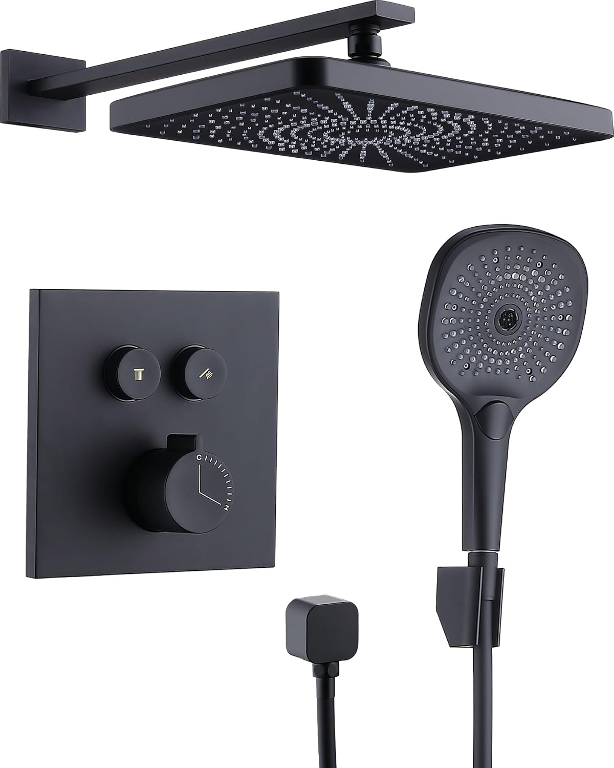 TRUSTMI Black Shower System 12 Inch Pressure Balance Wall Mount Rainfall and Handheld Shower Set 3-Way Push Button Diverter Valve, Matte Black