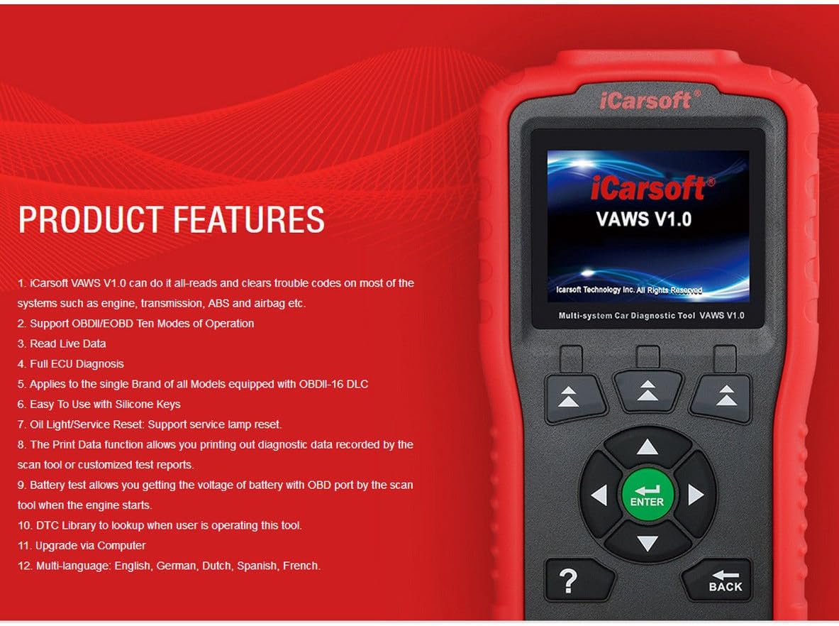 iCarsoft Professional Multi-System OBD II Scanner VAWS V1.0 with Oil Service Reset for Audi/VW/Seat/Skoda (red)