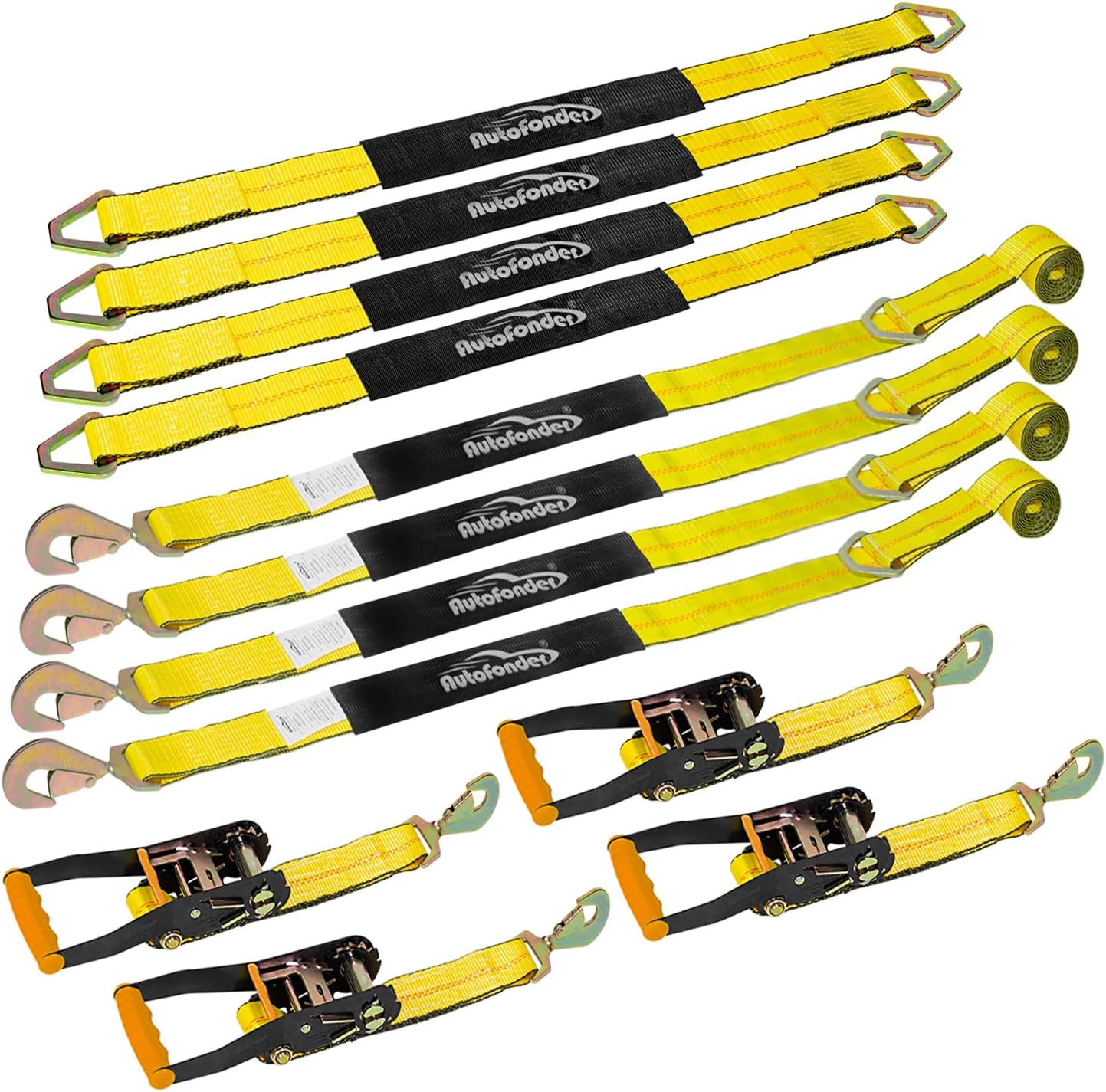Car Tie Down Straps for Trailers 2inch x10ft - J Hooks with Safety Clips(10,000 Lbs Break Strength)-4 Pack Heavy Duty Vehicle Hauler Strap Tire Ratchet Straps with Axle Straps for Truck Utv Trailer