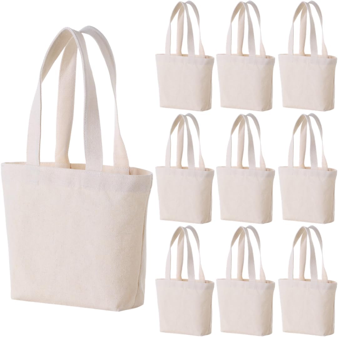10×8×3 Inch - Small Canvas Tote Bags for Kids Mini Gift Bulk for Painting DIY Arts & Crafts Thick Fabric Bland Bags
