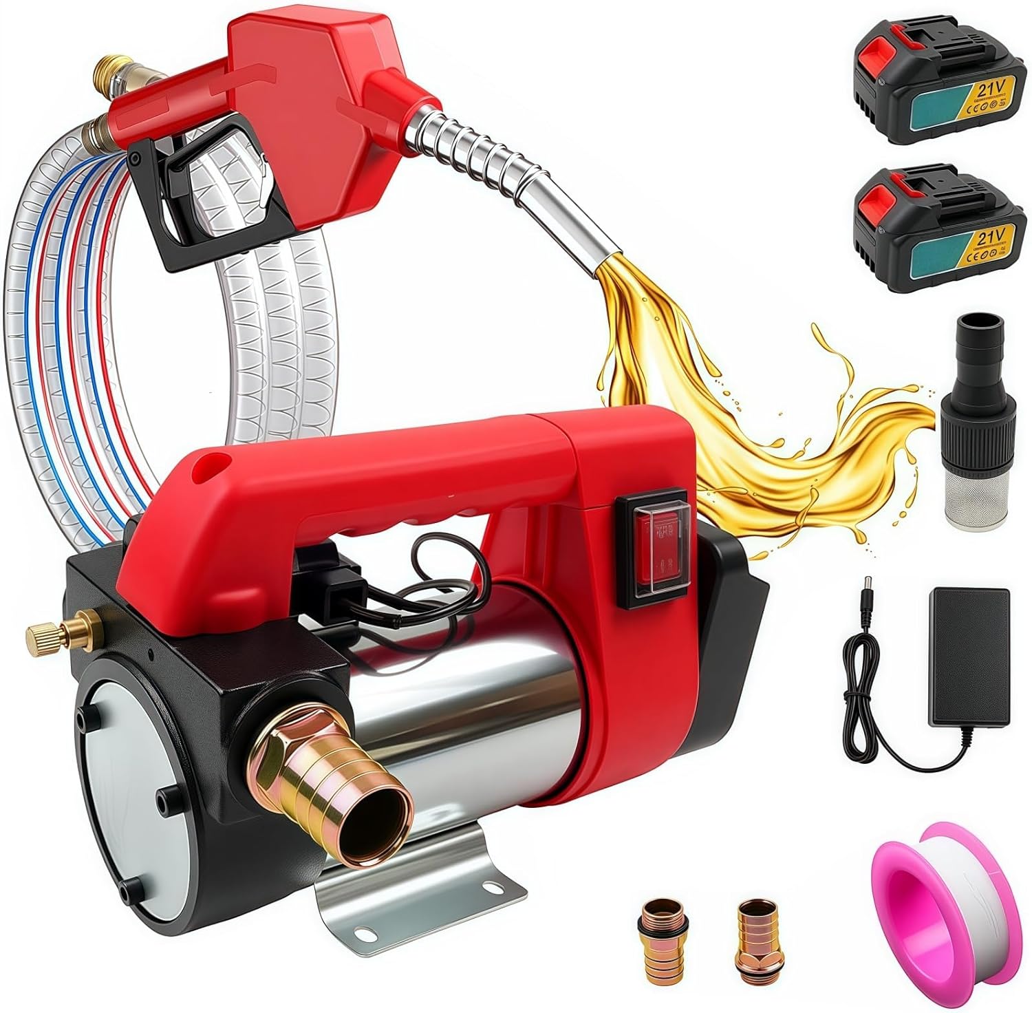 Fuel Transfer Pump Battery Powered, Cordless Fuel Transfer Pump Kit with 21V 2 x 2.6Ah Batteries, Auto Shut-Off Nozzle & 2×6.6 FT Hose, 12 GPM Self-Priming Gas Pump Kit for Diesel Kerosene