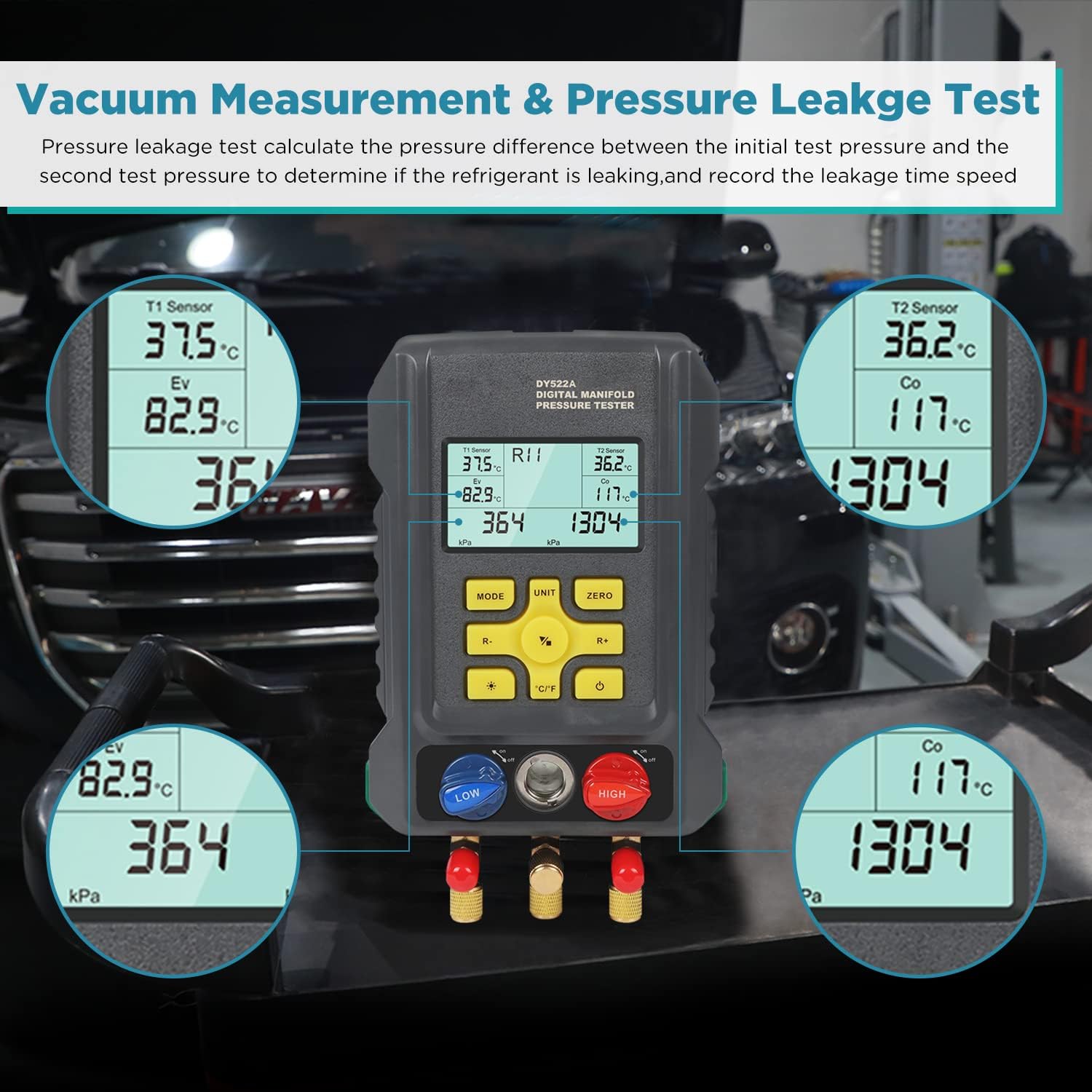 Digital Manifold Gauge with 93 Refrigerant Data,Digital Manifold HVAC Gauge Set for Pressure&Temperature Test, Digital Refrigerant HVAC Gauge with Upgraded Ball Valve&Hoses&Temp Clamps&3.5