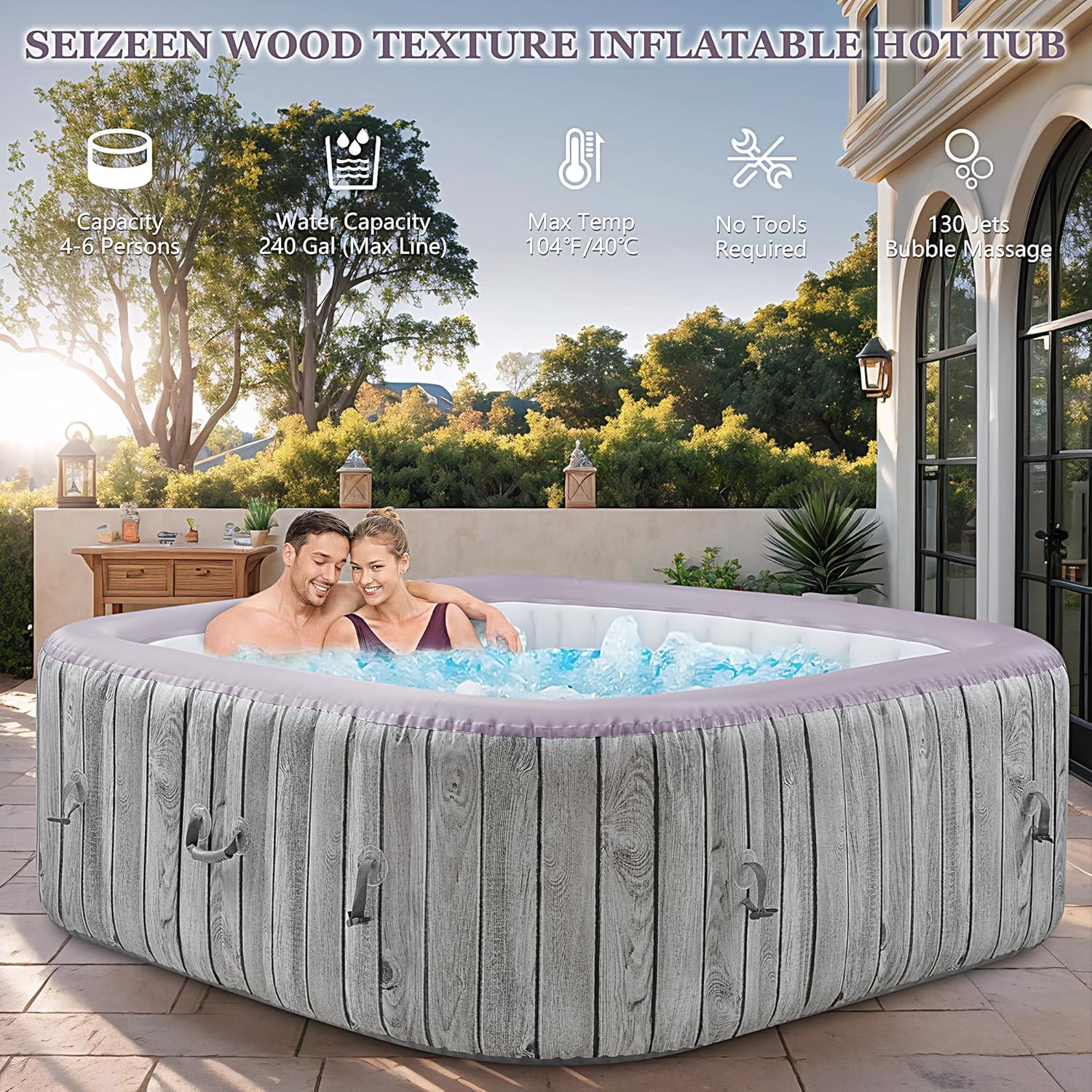 Seizeen 4-6 Person Inflatable Hot Tub, Portable Outdoor Spa Square Hot Tub with 130 Soothing Bubble Jets, Insulated Cover and 6 Filters, Max 104℉ Blow Up Hot Tubs for Home Backyard (Wood Grain)