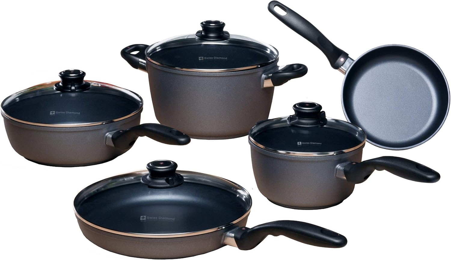 Swiss Diamond 10 Piece Nonstick Cookware Set - Diamond Enforced Aluminum Non Stick Pots and Pan Set, Dishwasher Safe and Oven Safe Pans Set, Grey