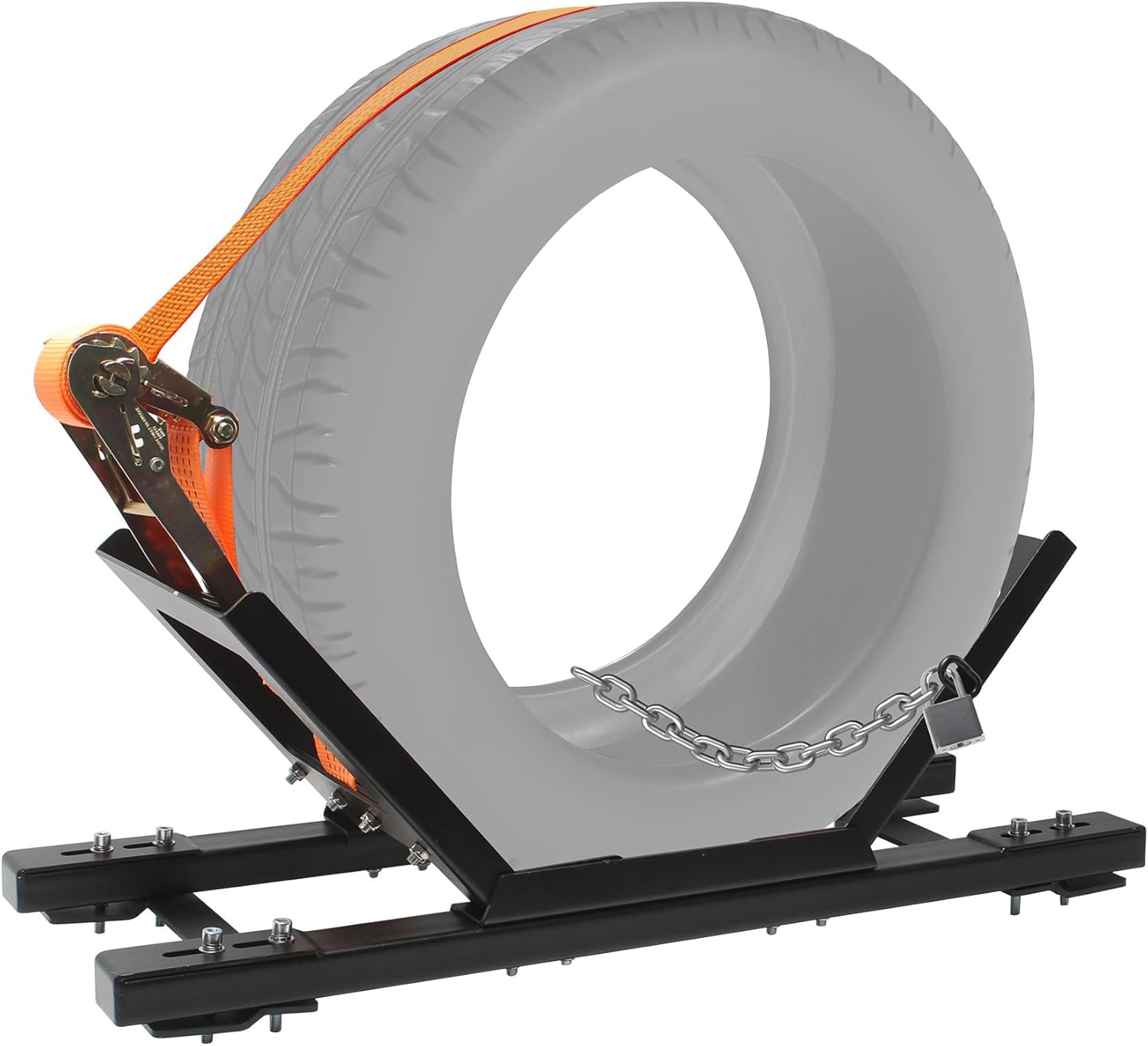 Adjustable Semi Truck Spare Tire Rack - Steel Tire Carrier Mount with Ratchet Strap, Chain & Lock