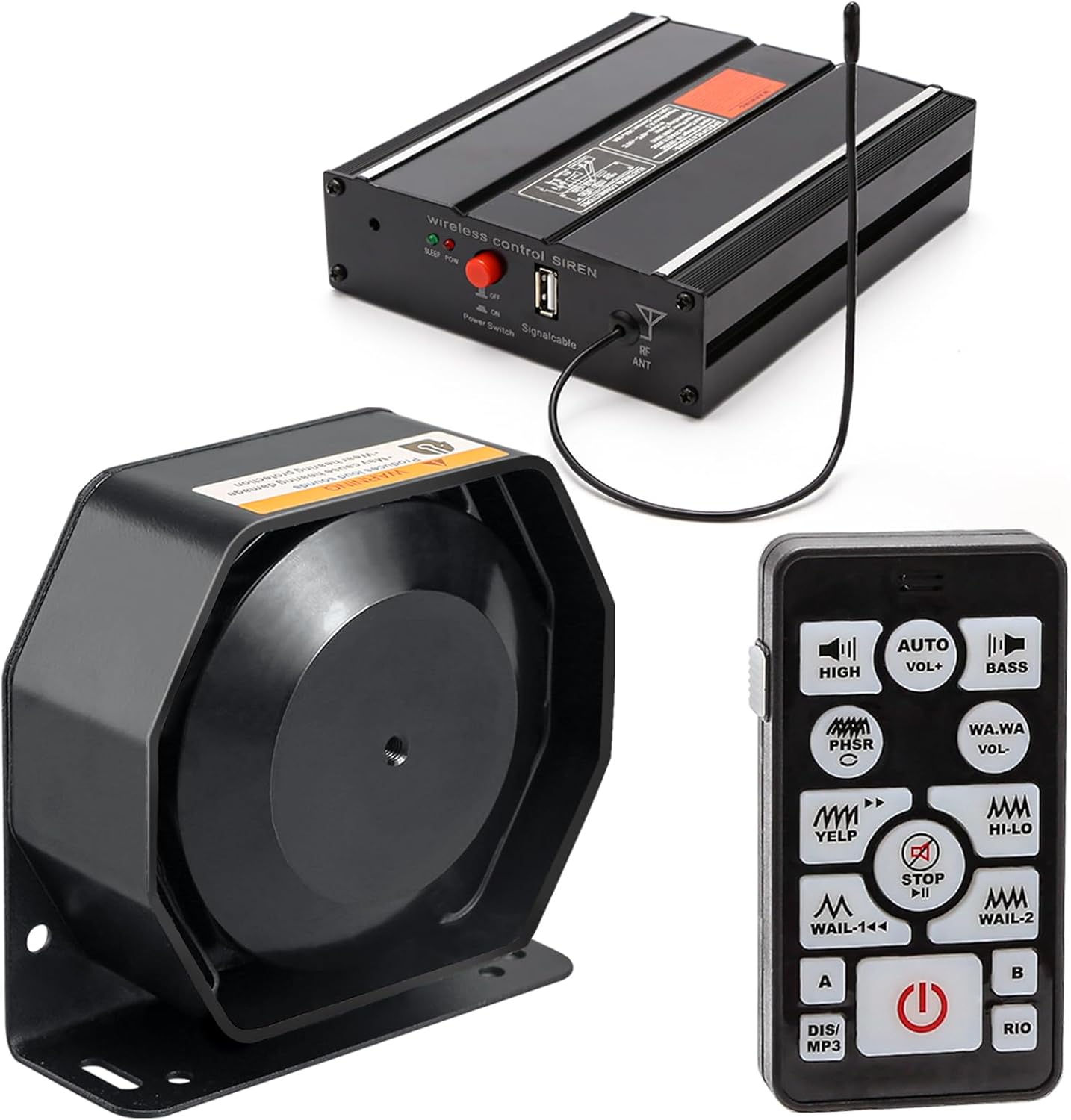 BooYu 200W 12V 20 Tones Police Emergency Siren PA System for Firefighter Ambulance Vehicles Truck Car SUV ATV UTV [Slim Speaker][Wireless Remote Handheld Microphone][2 x 10A Switches]