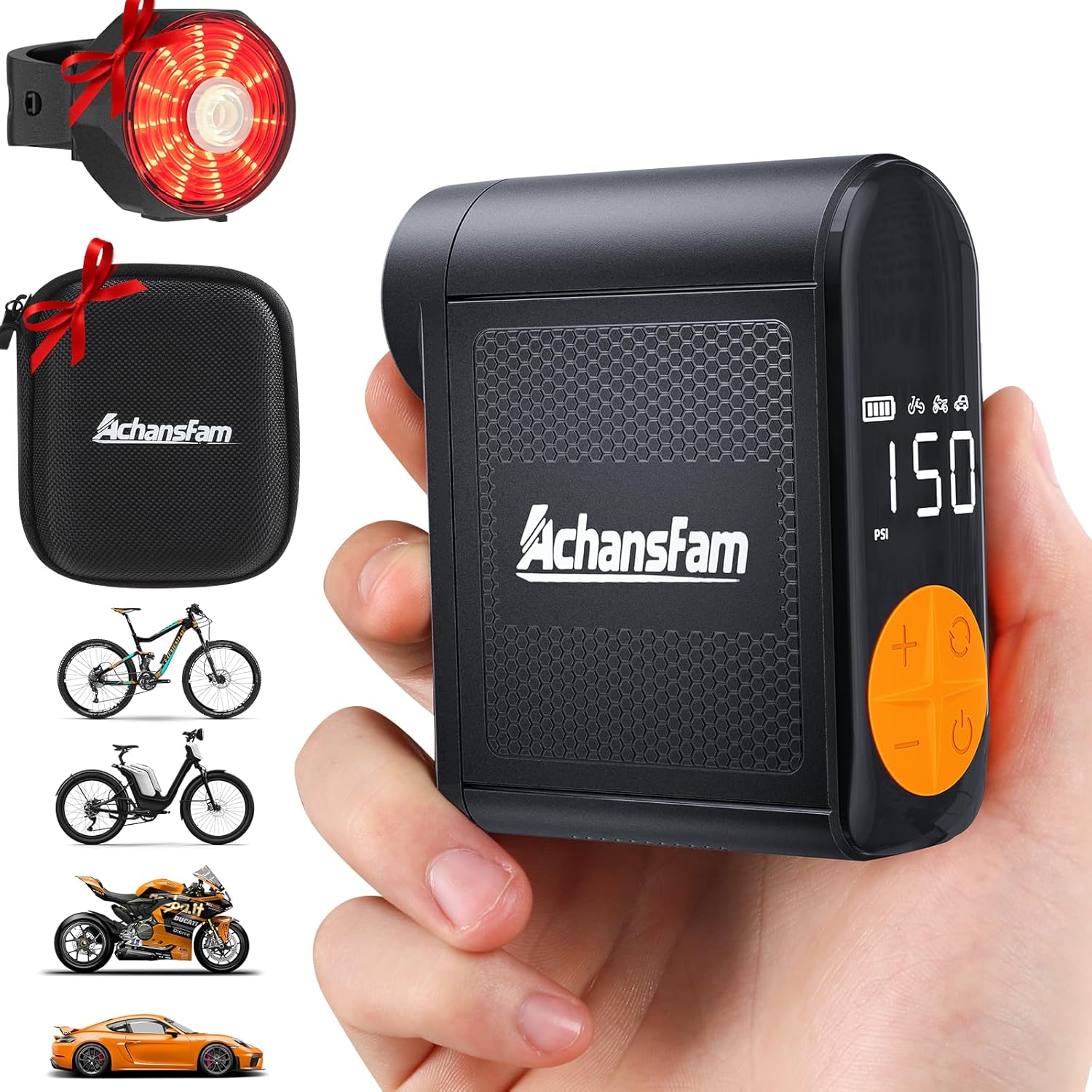MINI9 Bike Pump Set - 150PSI with Auto Stop & Digital Gauge, Includes Tail Light & Carry Case for Road, MTB, E-Bikes, Motorcycle & Car