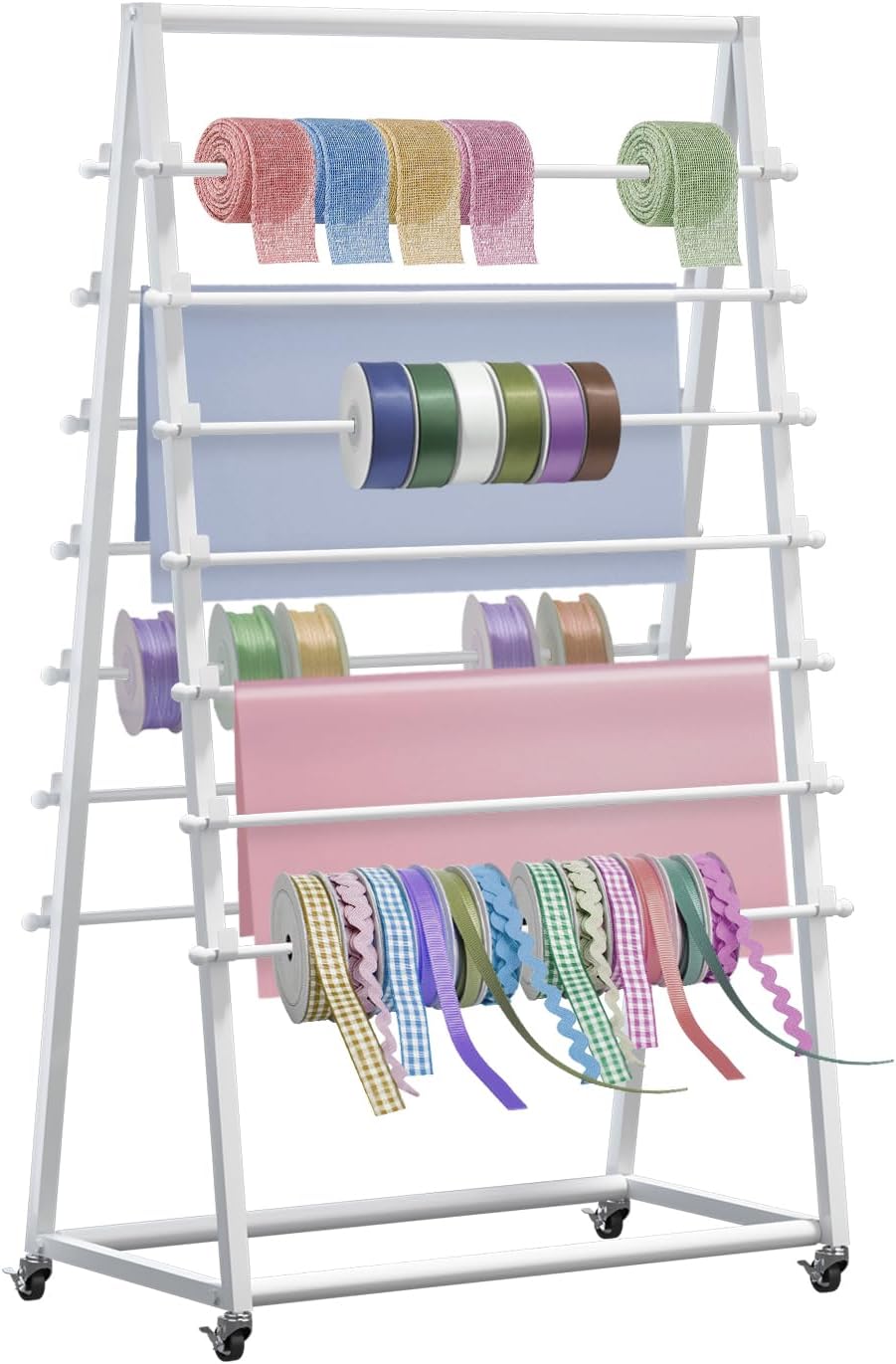 Ribbon Organizer,15 Tier Metal Vinyl Rolls Holder,Double-Sided Christmas Gift Wrapping Craft Ribbon Storage Shelf for Craft Room Cake Shop Flower Store,Tie Scarf Rack Belt Towel Holder
