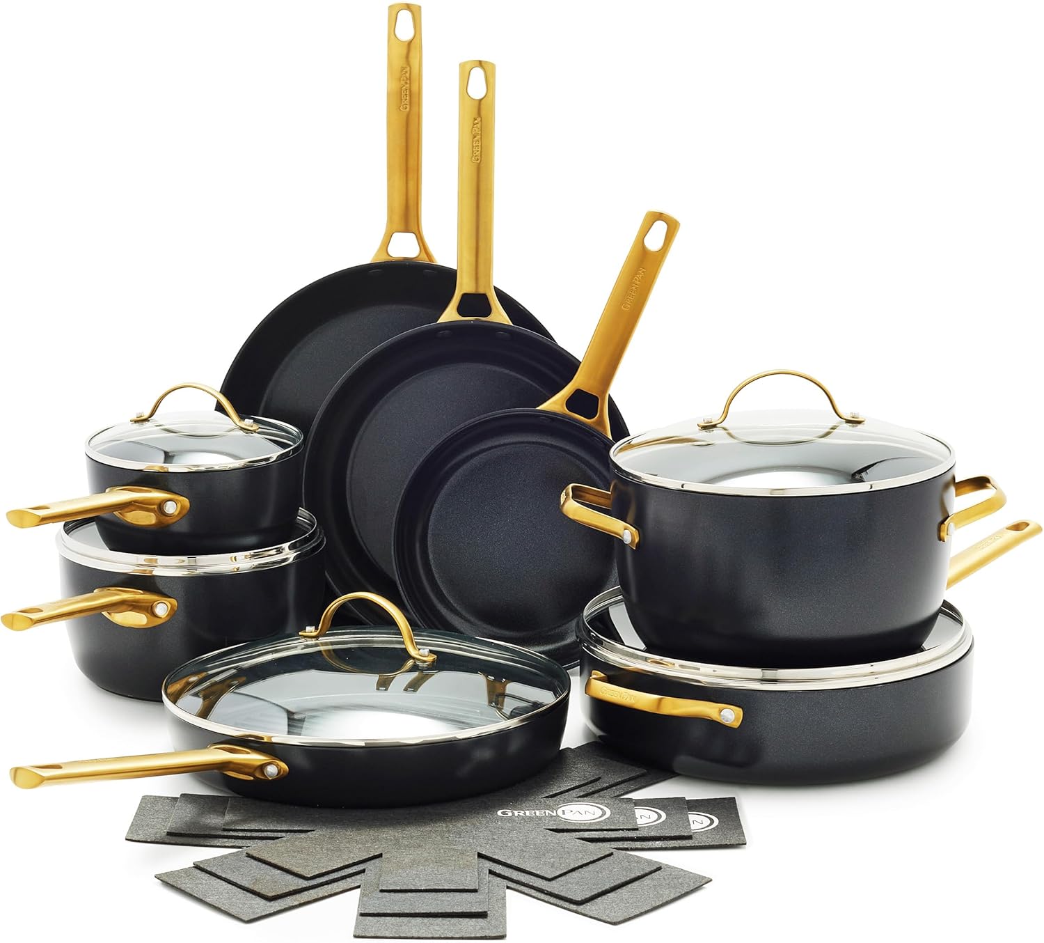 GreenPan Hard Anodized Healthy Ceramic Nonstick, 16 Piece Cookware Pots and Pans Set, Gold Handle, PFAS-Free, Dishwasher Safe, Oven Safe, Black