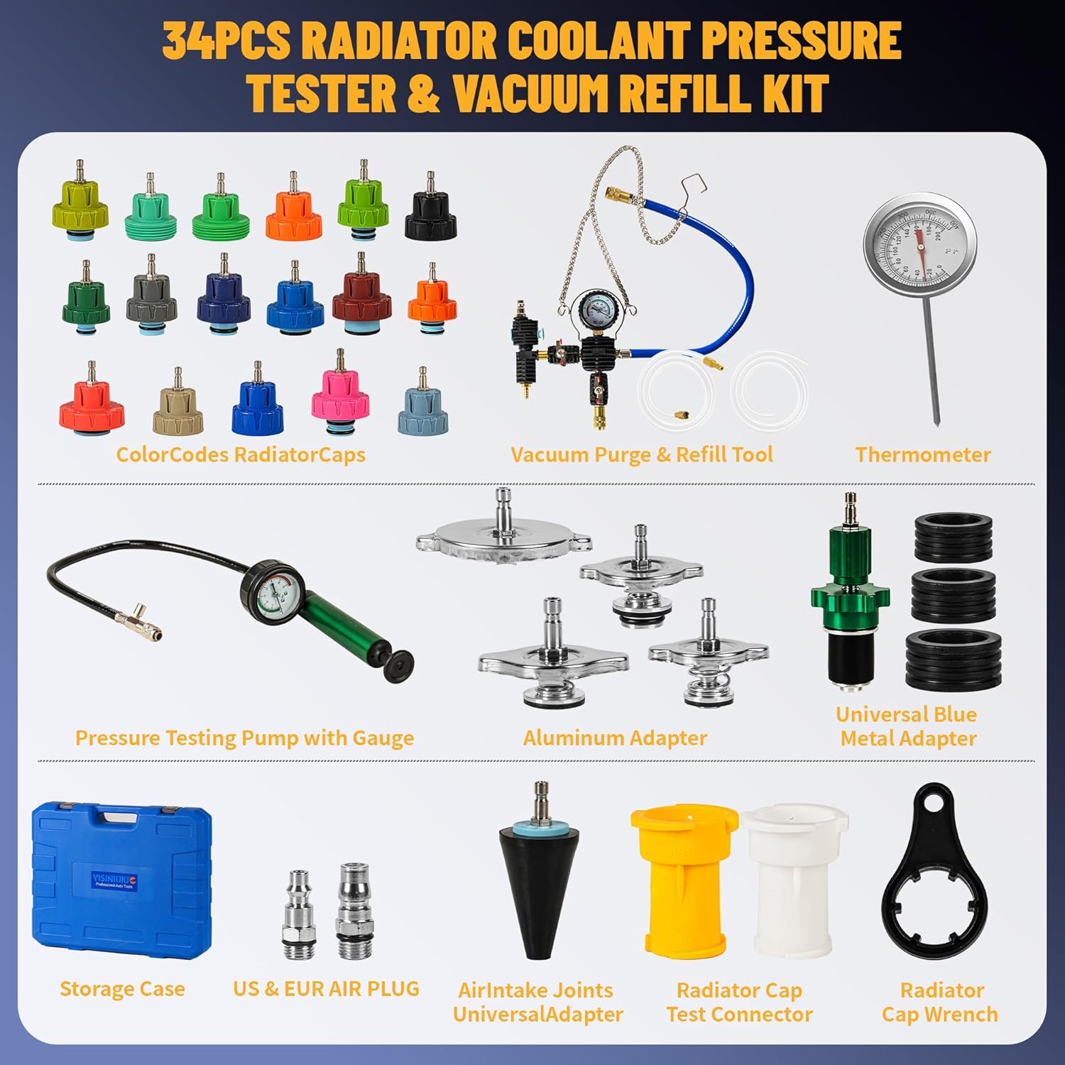 Universal 34PC Radiator Pressure Tester Kit,Coolant Pressure Tester Vacuum Refill Kit for Automotive Cooling System Water Tank Leakage Detection Coolant Pressure Tester with Vacuum Pump Vacuum Purge