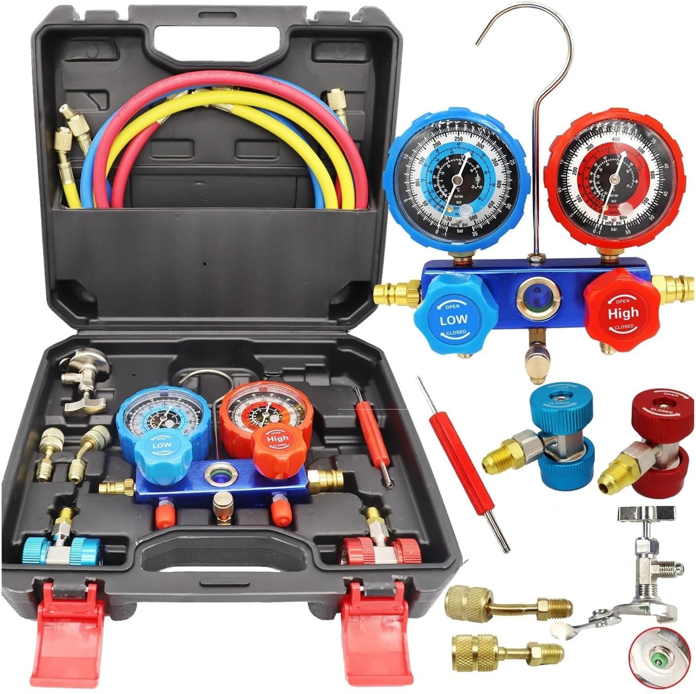 R410a Car Air Conditioning Pressur/e Manifold Gauge Hose Kit R22 R-410A R-134a R-404A Refrigerant Pressur/e Gauge Set Storage Box(Set 1)