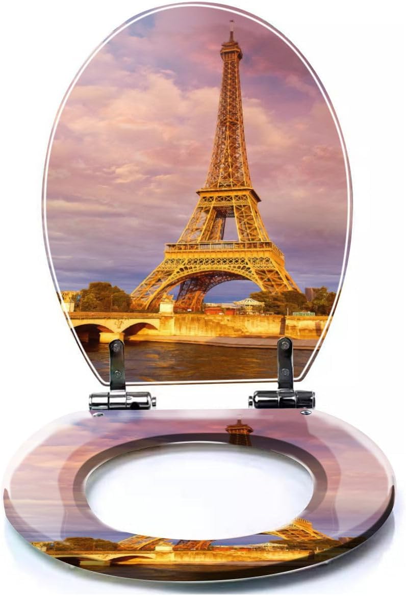 Colored Toilet Seat with Slow Close, tower at sunset Paris France Resin Toilet Seats, Easy to Install, Easy to Clean Heavy Duty Deluxe Toilet Seat
