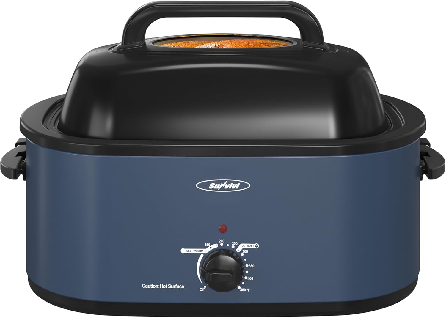 Roaster Oven, Electric Roaster Oven with Viewing Lid, Large Roaster with Removable Pan & Rack, Turkey Roaster with Unique Defrost/Warm Function, Stainless Steel, Blue, 22QT