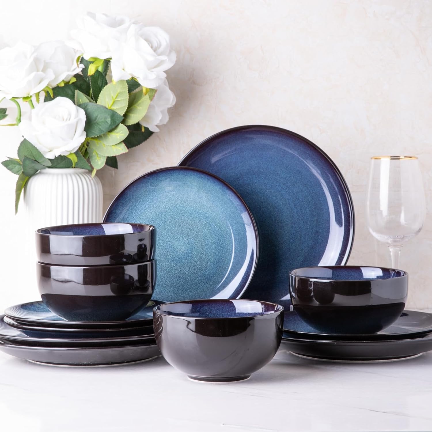 LeRatio Ceramic Dinnerware Sets for 4,Wavy Reactive Glaze Stoneware Plates and Bowls Sets,Highly Scratch Resistant | Dishwasher & Microwave,Oven Safe Dishes Set(12PCS)