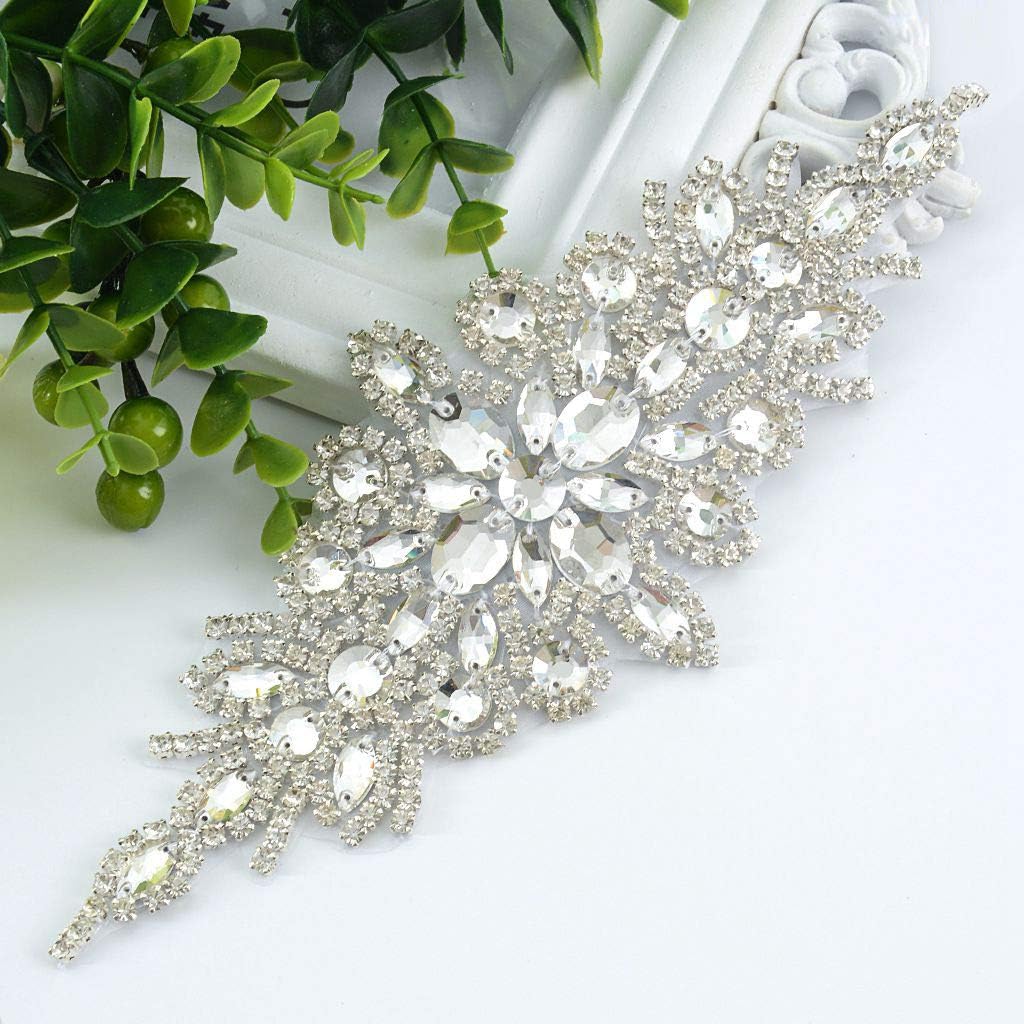 ShiDianYi Pack of 10 Rhinestone Applique, Diamante Applique Big Beaded Crystal Silver Patches Sew on Rhinestones with Stones Wedding Applique-0921