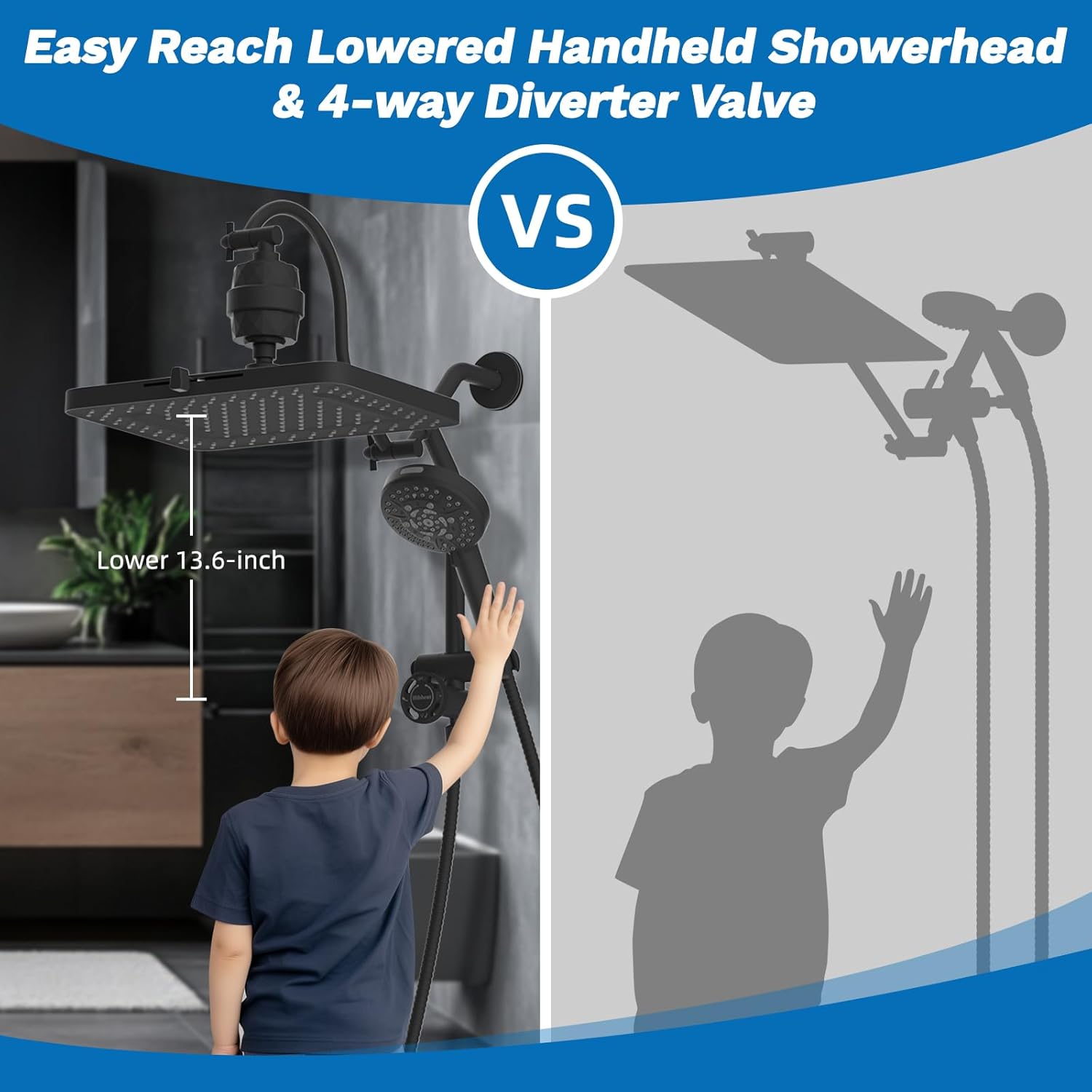 Hibbent Upgraded 13'' Shower Head Combo, High Pressure 5 Spray Rainfall Showerhead, 10 Spray Mode Handheld, All Metal Easy Reach 4-way Diverter Shower Arm with Pause Mode, 71'' Hose and Holder, Black