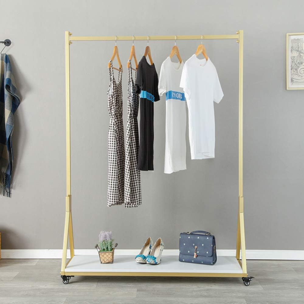 Clothing Store Modern Simple Metal Rolling Garment Rack with Wheels,Retail Display Rack with Wood, Single Rod Floor-Standing Hangers Dress Clothes Shelves (Gold Square Tube, 47.2 L)