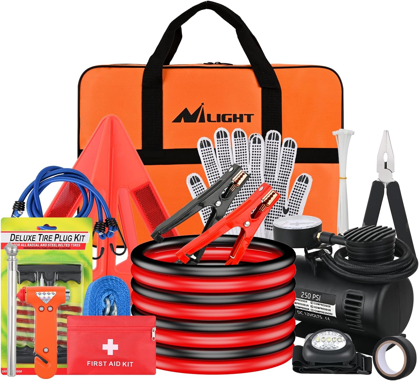 Nilight Car Emergency Kit with Jumper Cable First Aid Kit Tire Pressure Gauge,Roadside Safety Assistance Essential Tools Battery Clamp Alligator for Travel Camping Outdoor Cars Truck SUV RV