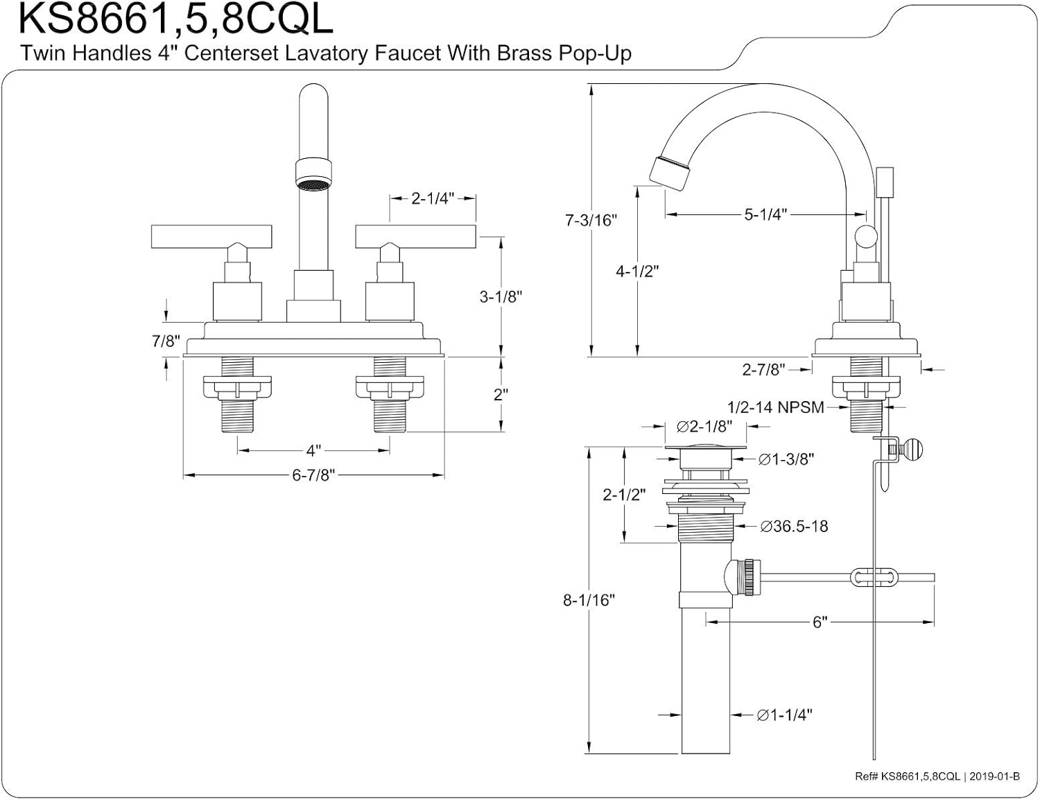 Kingston Brass KS8665CQL Claremont 4 in. Centerset Bathroom Faucet with Brass Pop-Up, Oil Rubbed Bronze