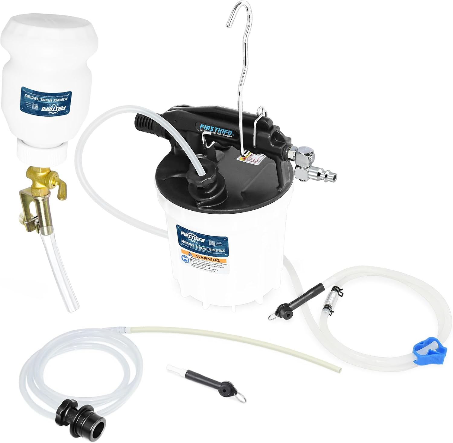FIRSTINFO A1152KUS 2nd Generation US. EU. Patented Vacuum Brake Bleeder Set Includes Brake Refilling Bottle, 4.9 ft Long Silicone Bleeding Hose with One-Way Check Valve and Oil Stopper Valve
