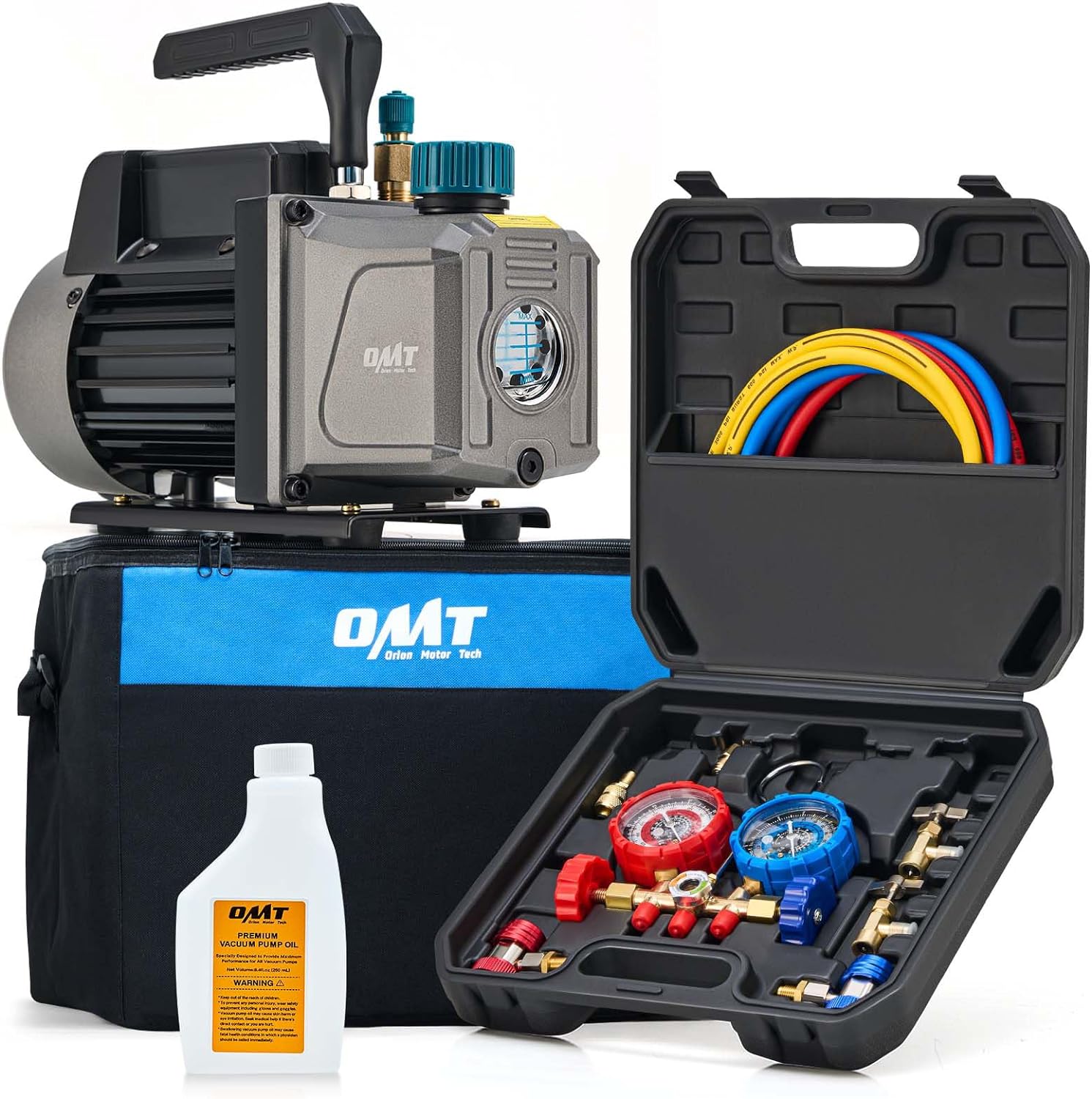 Orion Motor Tech AC Vacuum Pump and Gauge Set, 1/4 hp 3.5 cfm Vacuum Pump Manifold Gauge Kit with 3 Hoses Adapters & Accessories for R134a R12 R22 R502, A/C Vacuum Pump Kit for Auto HVAC Systems