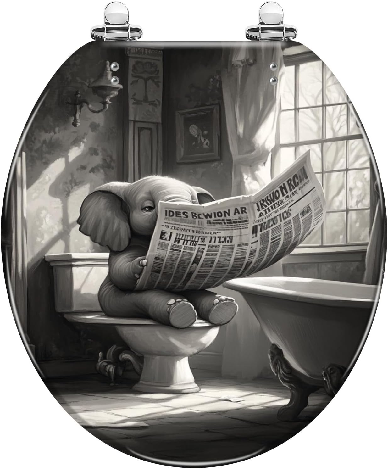 Round Toilet Seat Whimsical Elephant Bathroom Illustration Black White Vintage Art Resin Toilet Seat Quietly Close Quick Release Hinges Decorative Toilet Seat with Cover Easy to Install