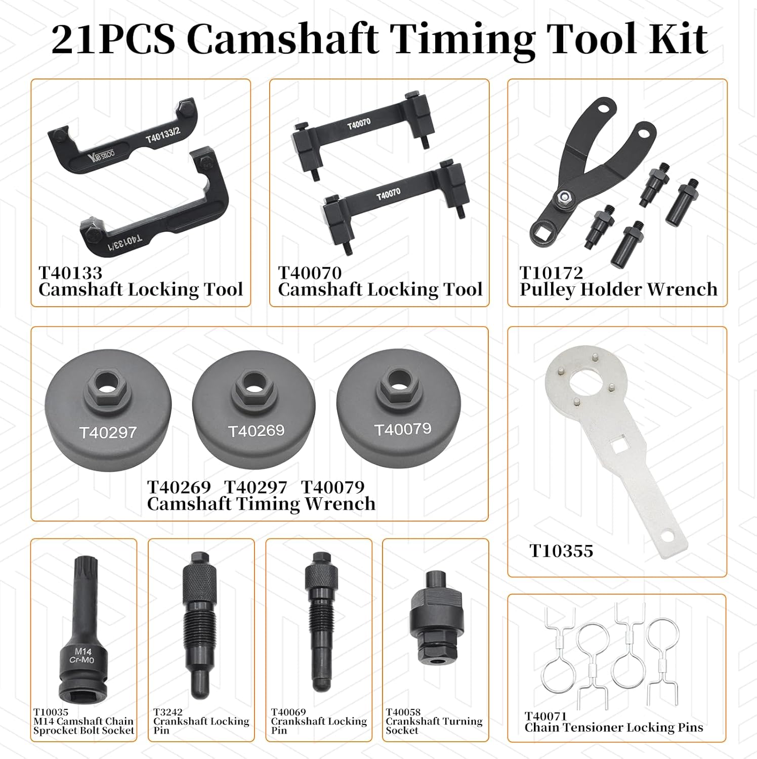 21PCS Camshaft Timing Tool Kit, Compatible with Audi VW EA837 2.0T 2.4 2.5 2.8 3.0T 3.2T 4.2 5.2 Engine, T40133 T40070 T40079 T40269 T40297 T10172 T3242 T40069 T40058 T40071 T10355 M14