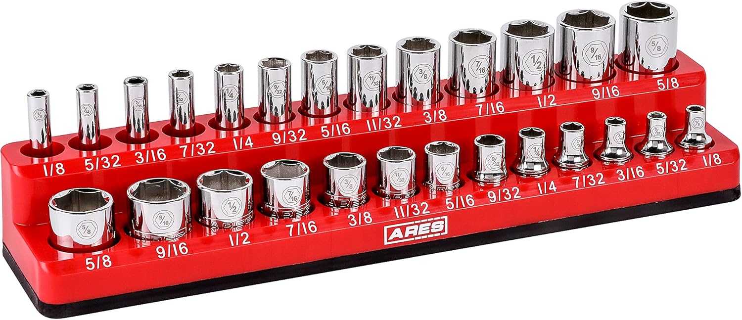ARES 60160-6-Piece Magnetic Socket Organizers - Metric and SAE Set Black and Green -1/4 in, 3/8 in, 1/2 in Socket Holders -143 Pieces of Standard (Shallow) and Deep Sockets -Organize Your Tool Box
