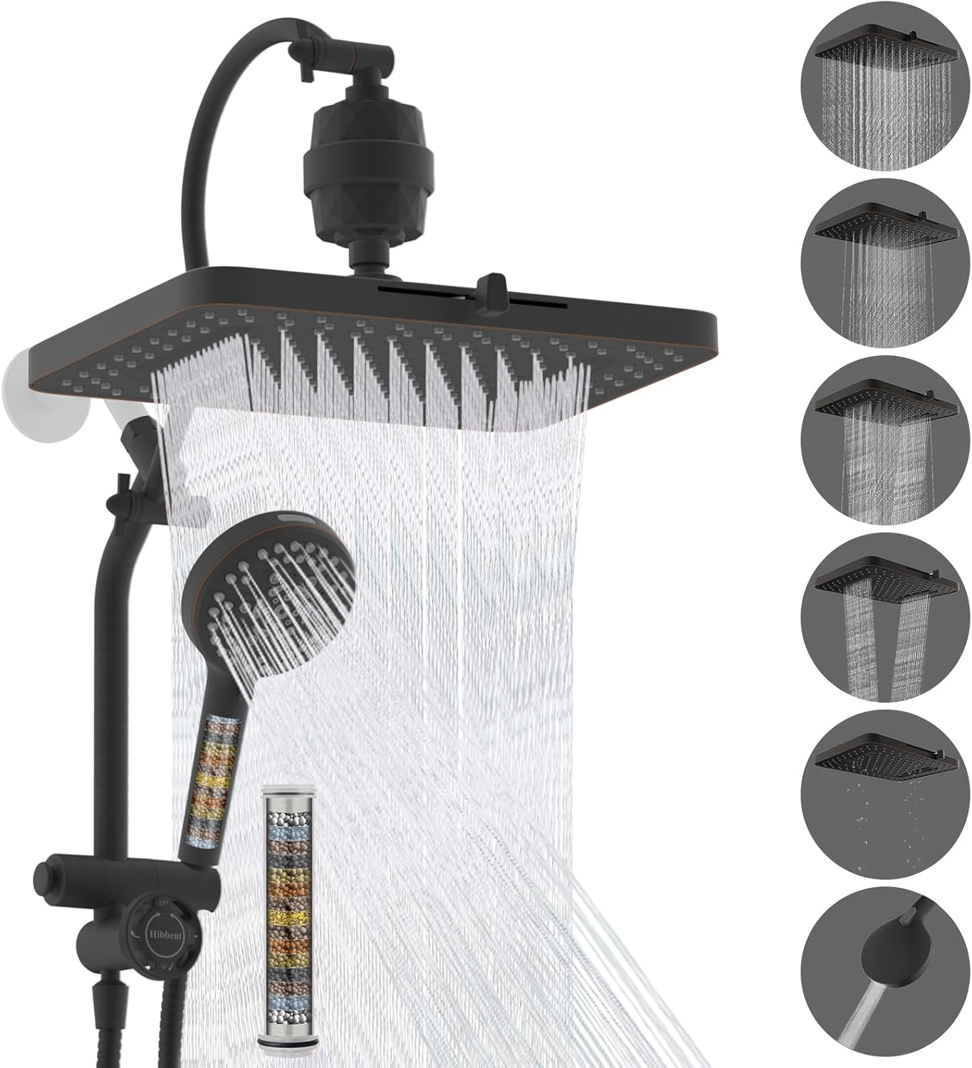 Hibbent Upgraded 13'' Shower Head Combo, High Pressure 5 Spray Rainfall Showerhead, 10 Spray Mode Handheld, All Metal Easy Reach 4-way Diverter Shower Arm with Pause Mode, 71'' Hose and Holder, Black