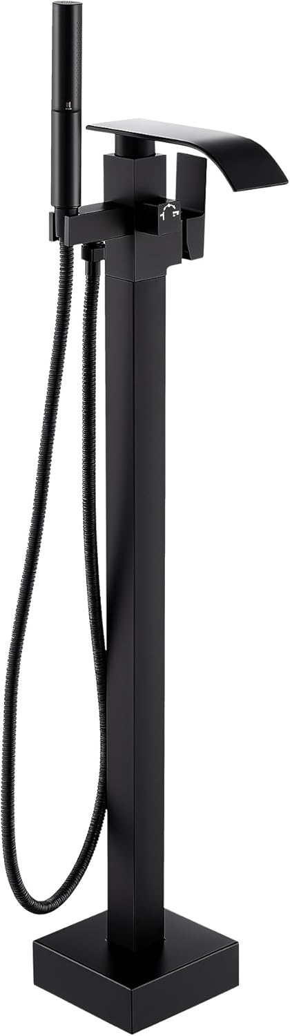 Waterfall Freestanding Bathtub Faucet, Floor Mount Bathroom Tub Filler Shower Faucets with Handheld Sprayer, Matte Black