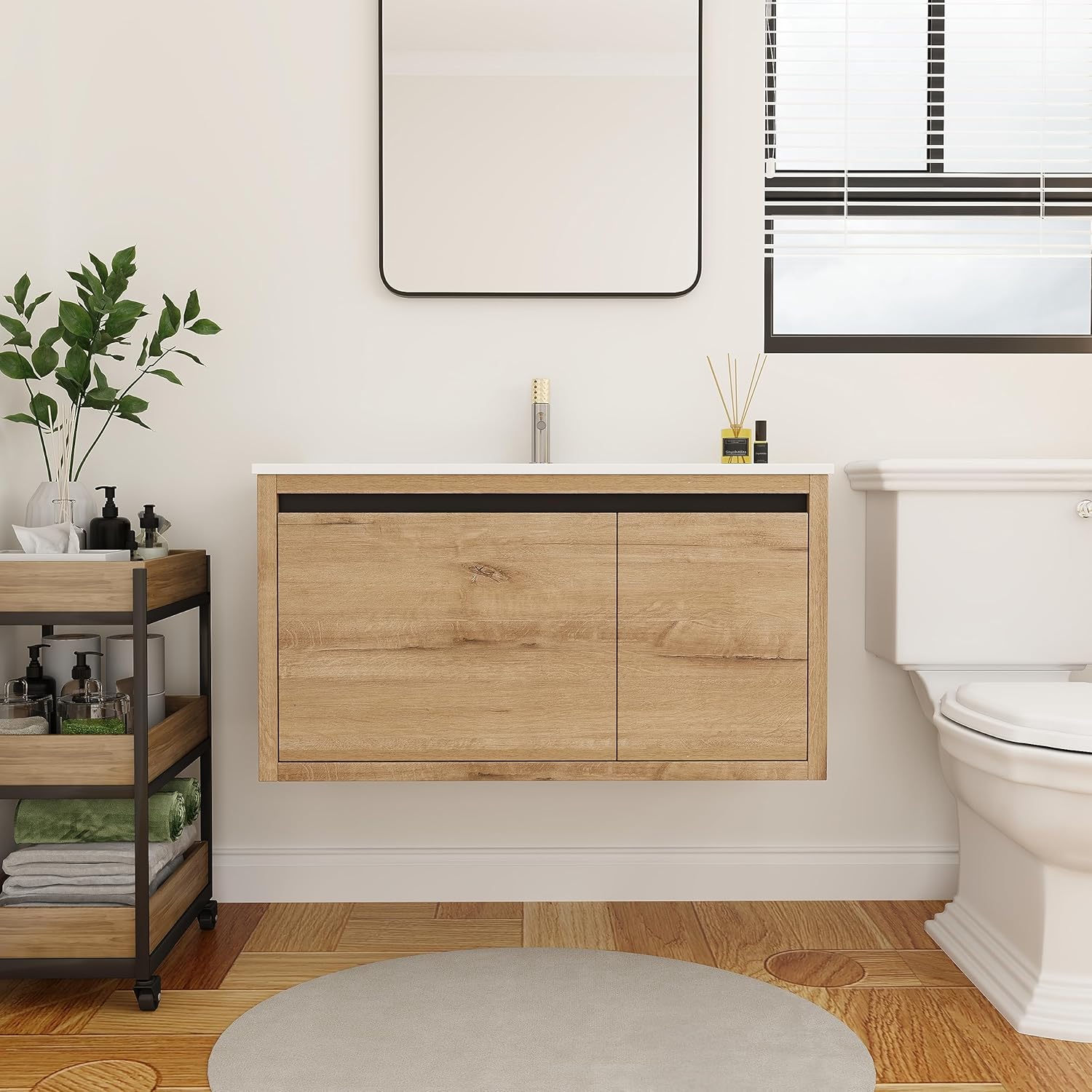 36 Inch Bathroom Vanity with Sink,Wall Mounted Bathroom Vanity Sink Combo w/Soft Close Door&Draw for Large Space,Modern Floating Bathroom Vanity w/Top Basin & Storage Cabinet,Brown